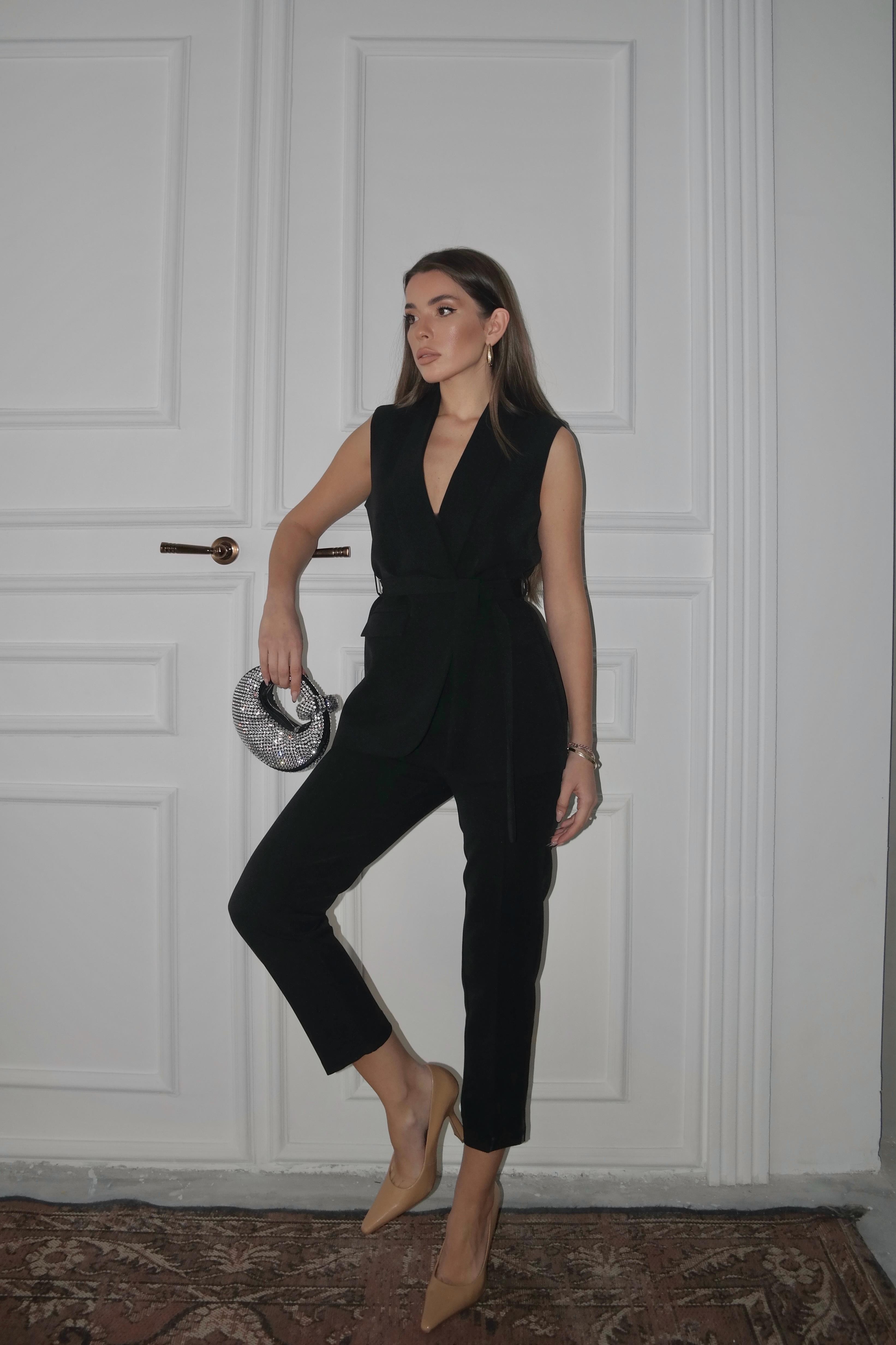 Violet Kuşaklı Yelek Siyah