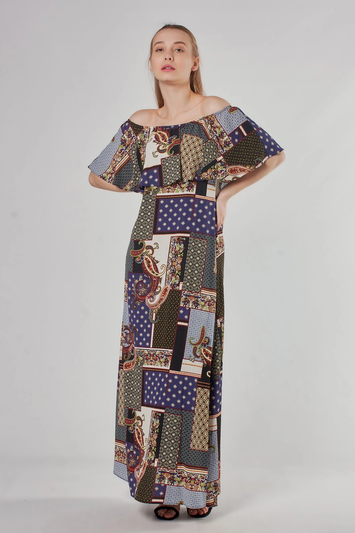 Etnik Desenli Lacivert Uzun Elbise