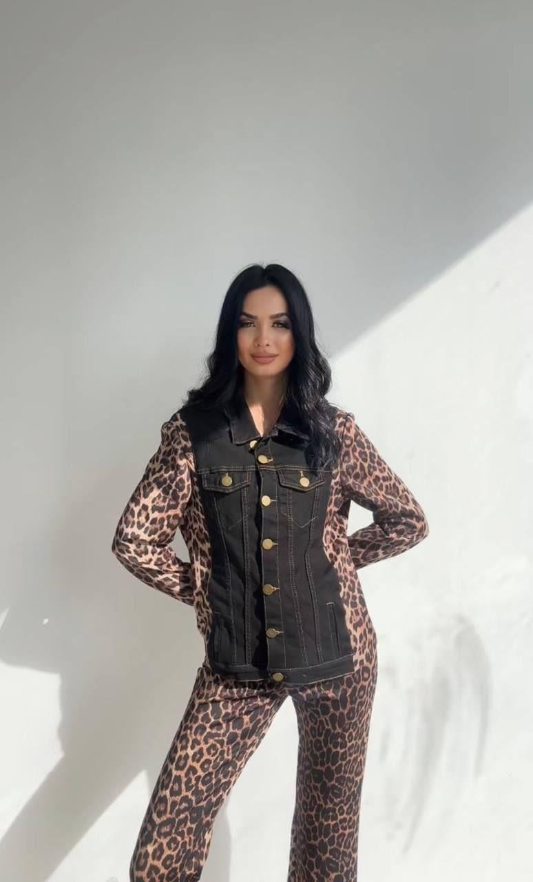 Leopar Detaylı Kot Ceket