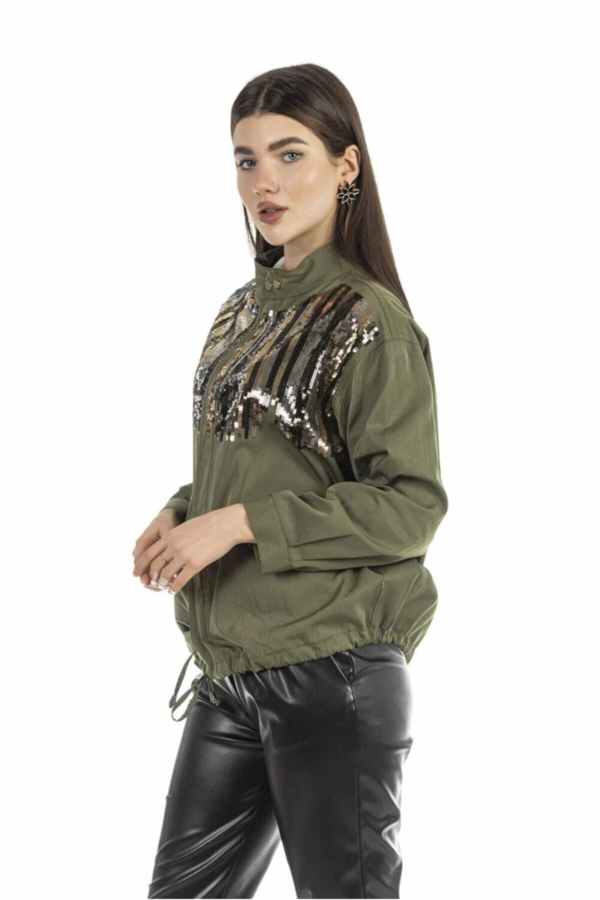 Kadın Haki Payetli Yağmurluk