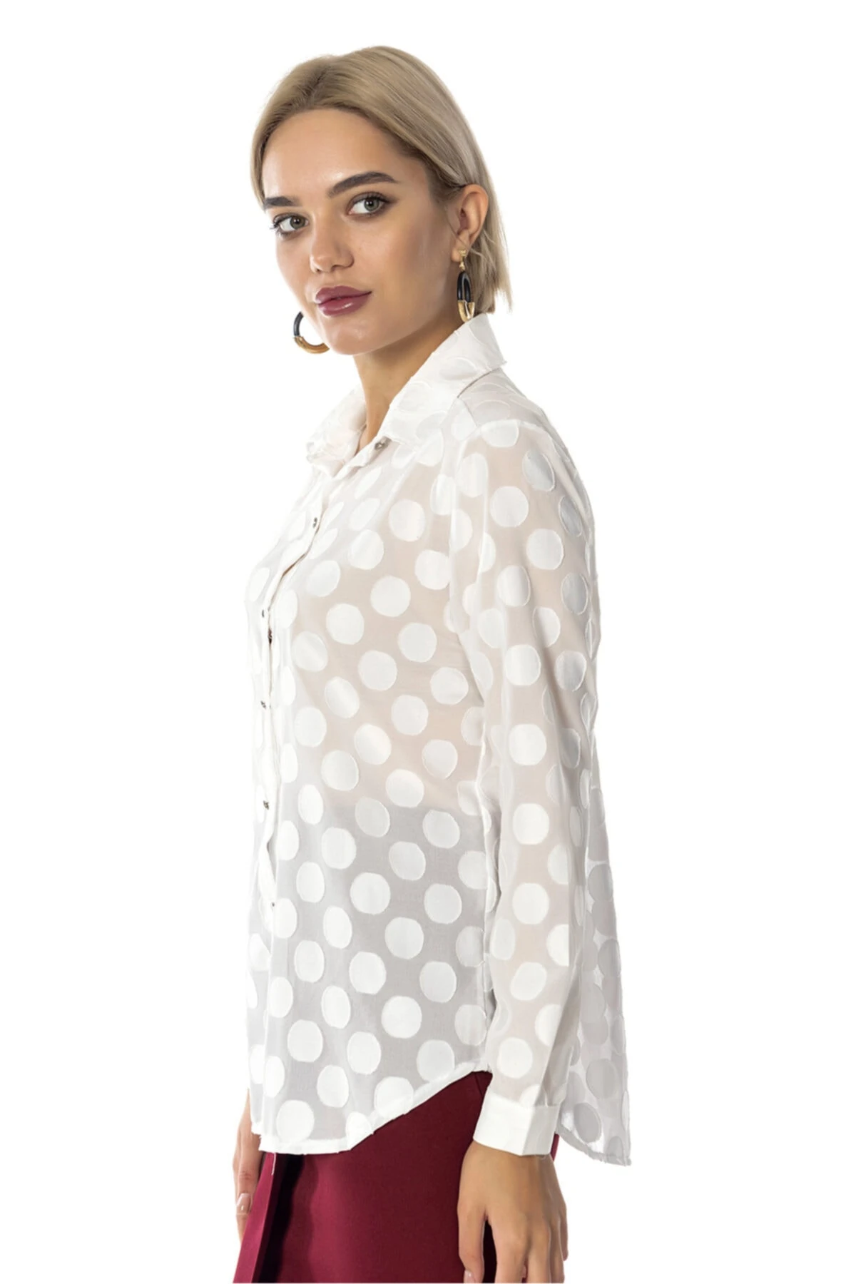 Kadın Ekru Puantiyeli Gömlek