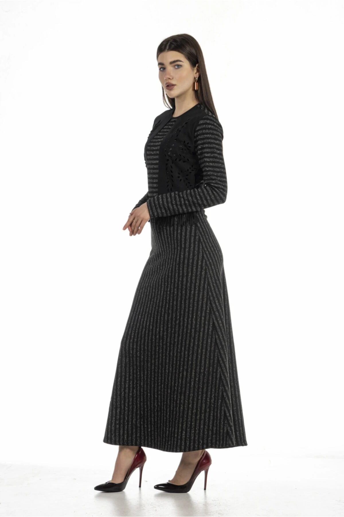 Kadın Çizgili Uzun Siyah Elbise