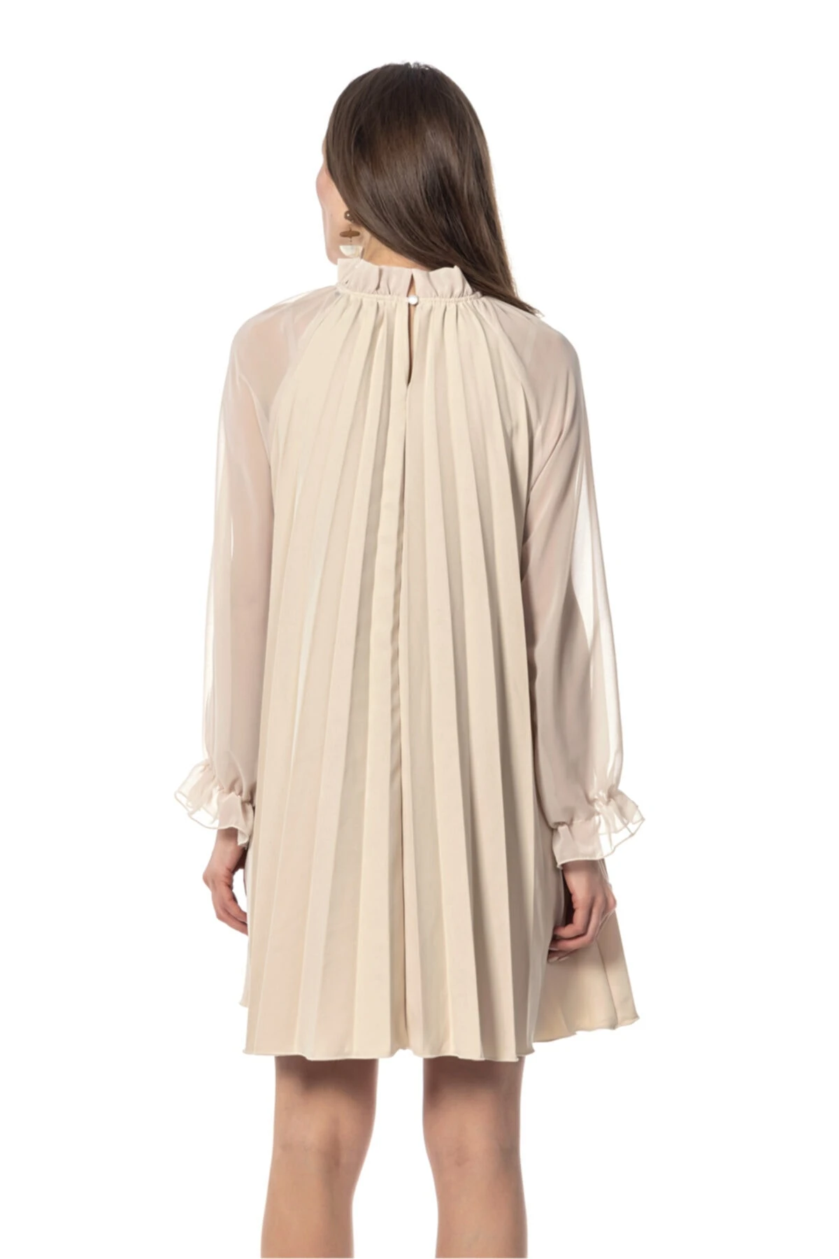 Uzun Kol Piliseli Halter Yaka Bej Mini Elbise