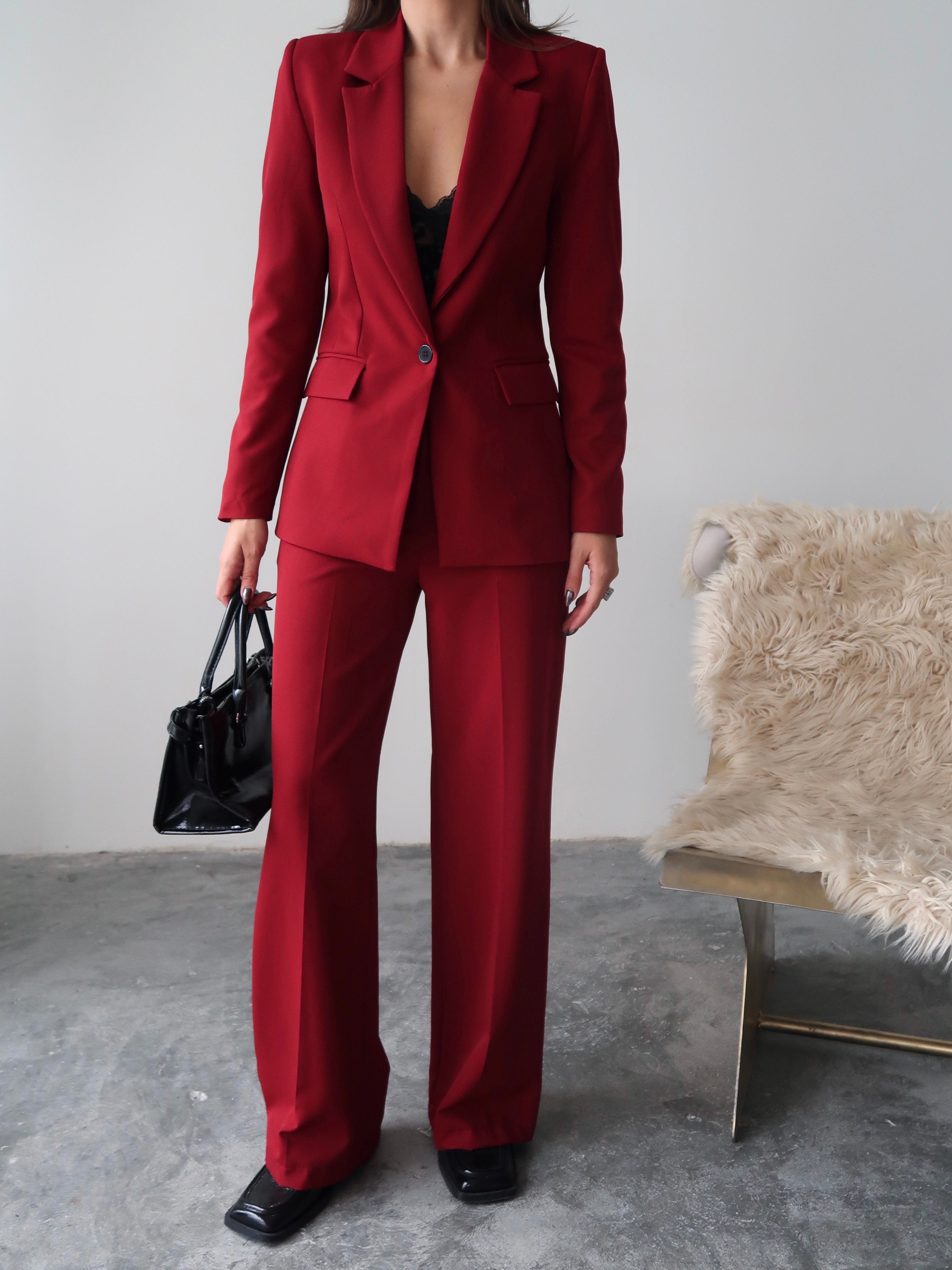 Bordo Düz Paça Klasik Blazer Ceket ve Kumaş Pantolon Takım