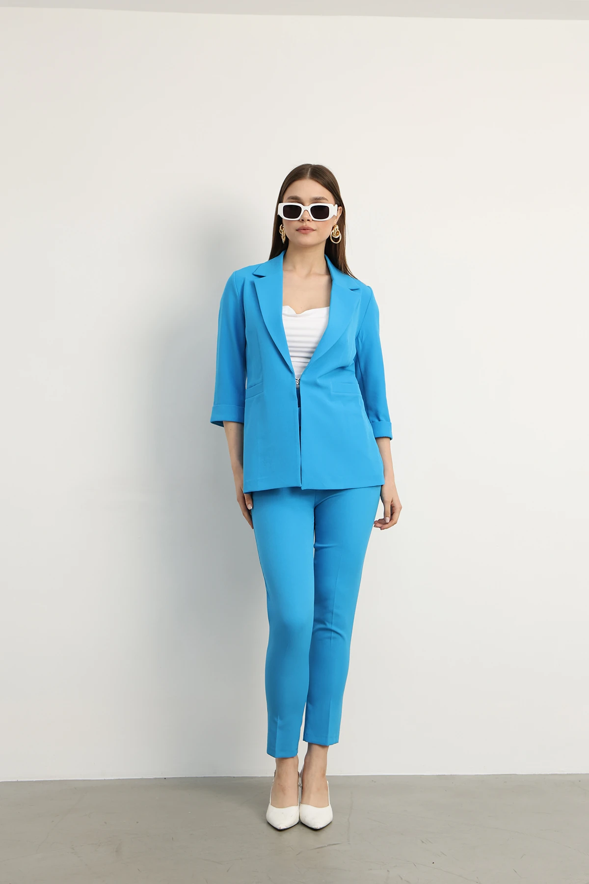 Agraf Detaylı Klasik Ceket ve Kumaş Pantolon Bej - mavi