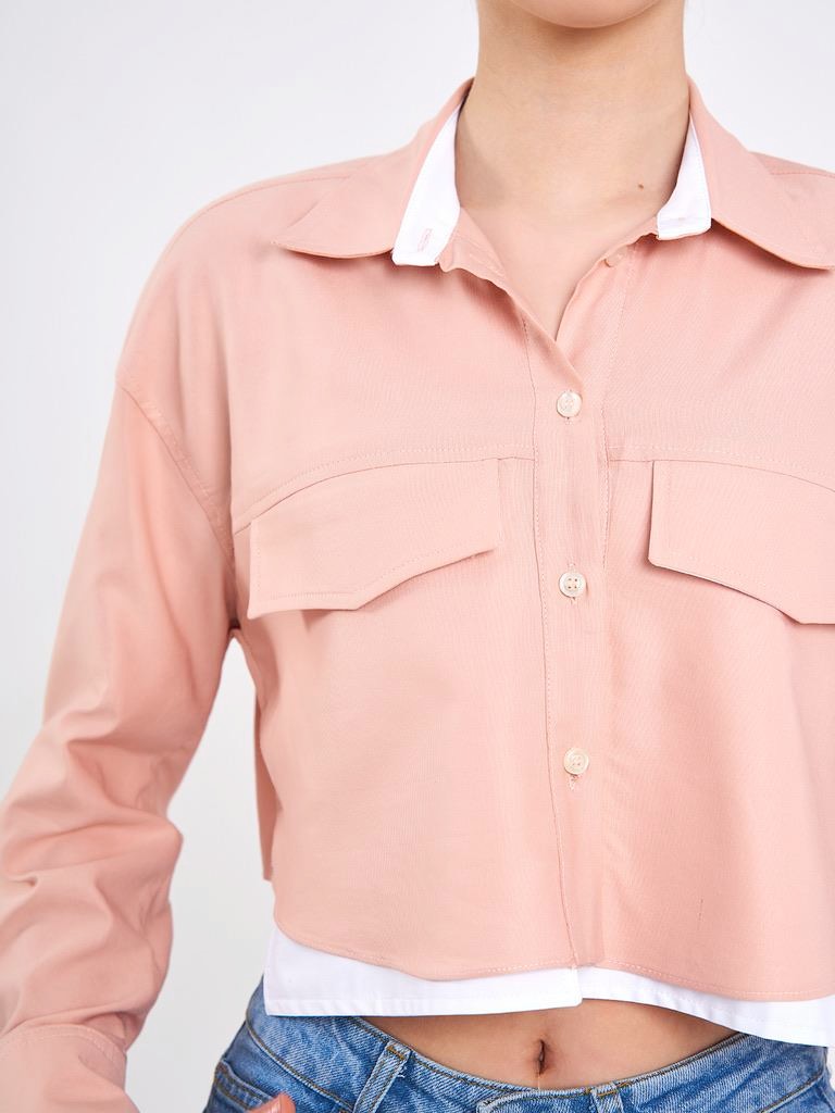 Crop Cepli Pembe Gömlek