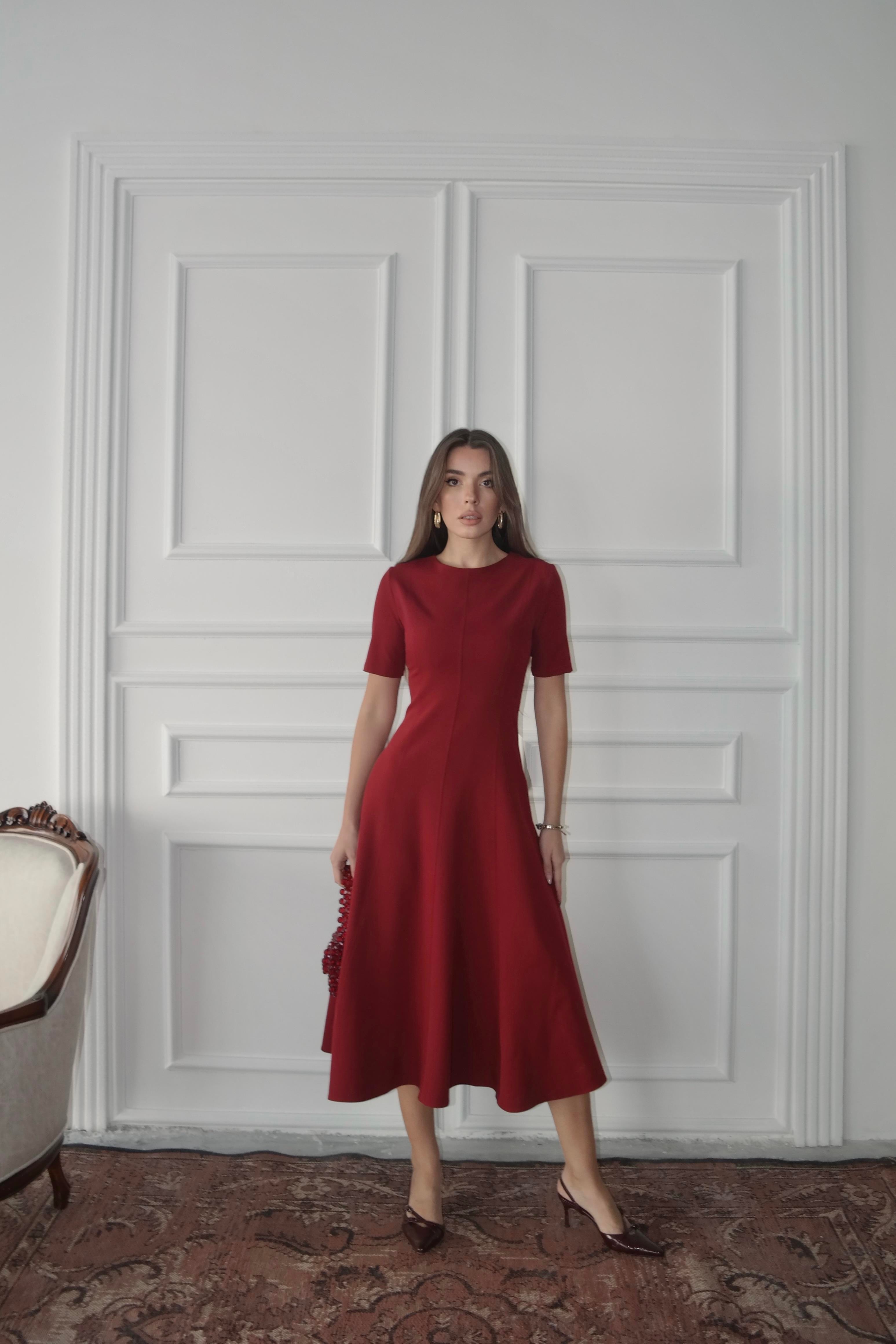 Dalie Midi Kloş Elbise Bordo