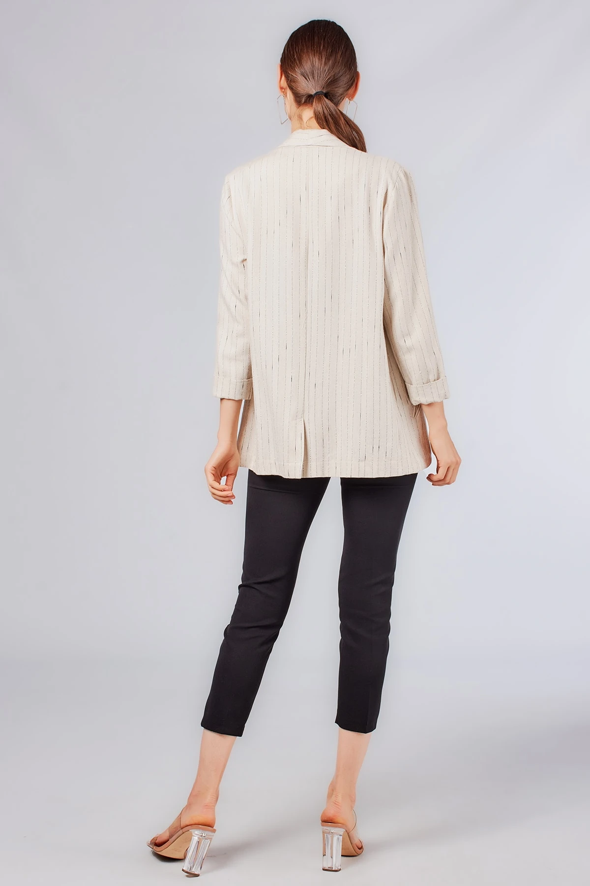 Çizgili Bej Kadın Blazer Ceket