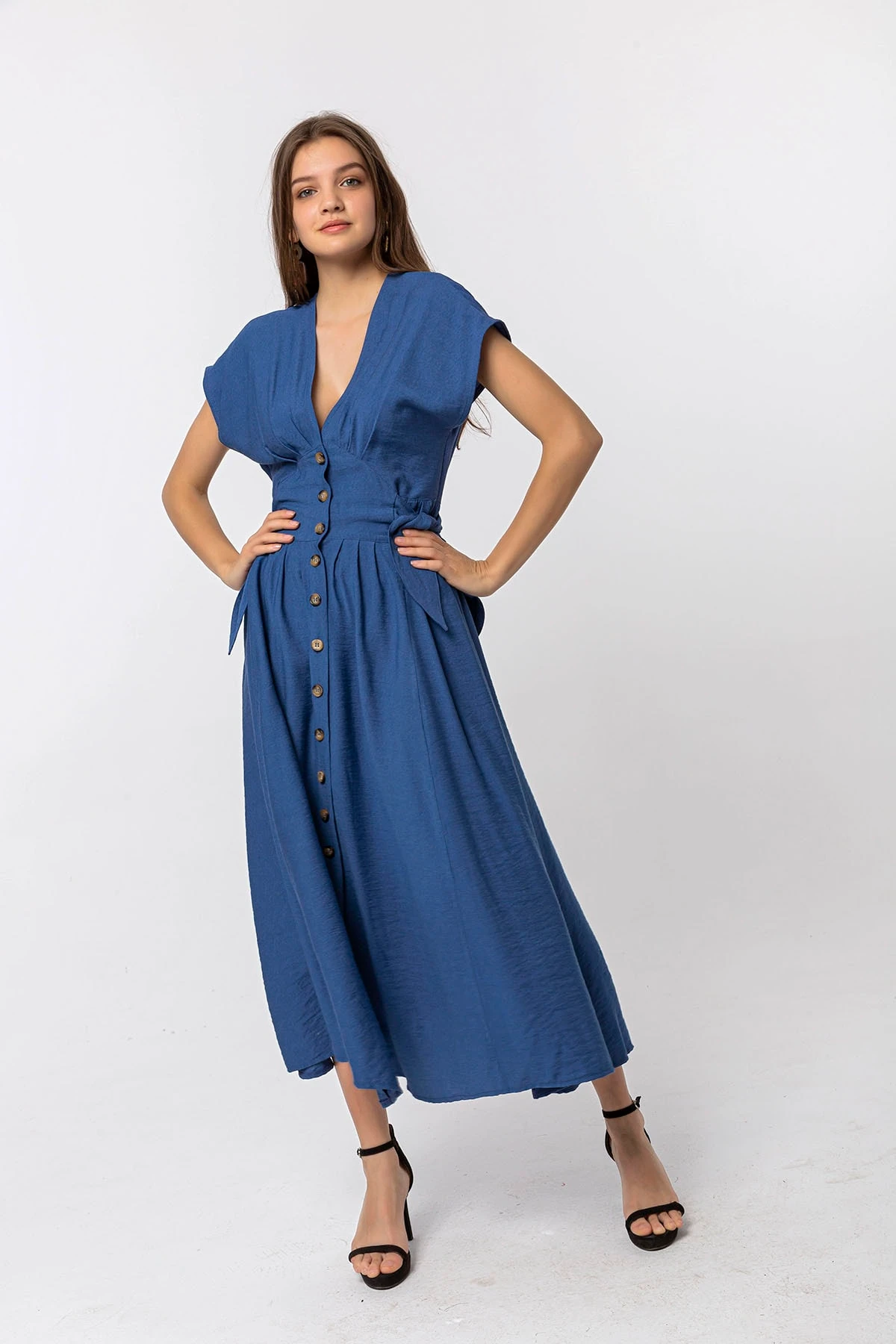 Düğmeli Midi Indigo Elbise