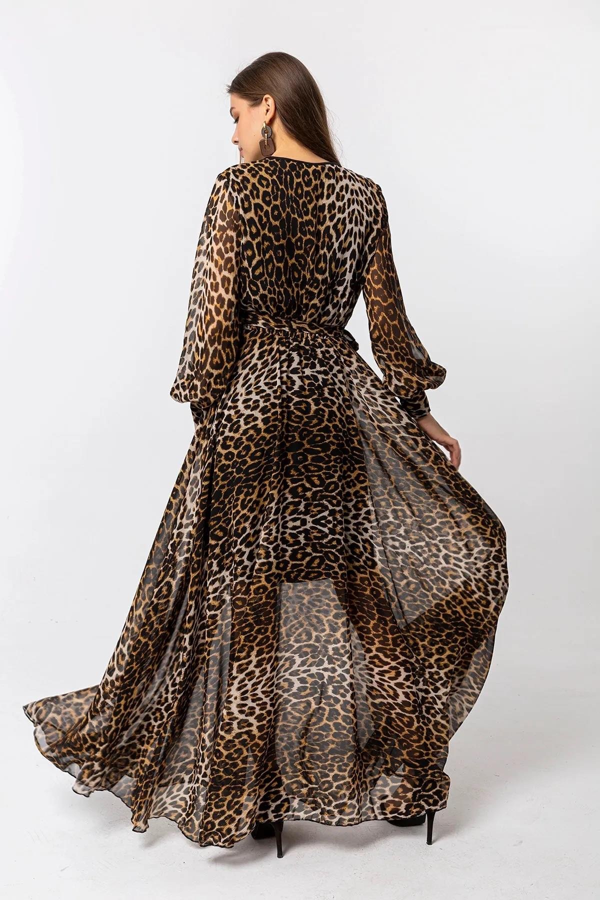 Leopar Desenli Asimetrik Şifon Elbise