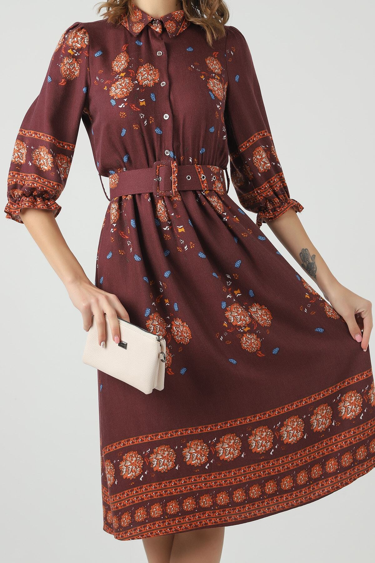 Bordo Çiçekli Elbise
