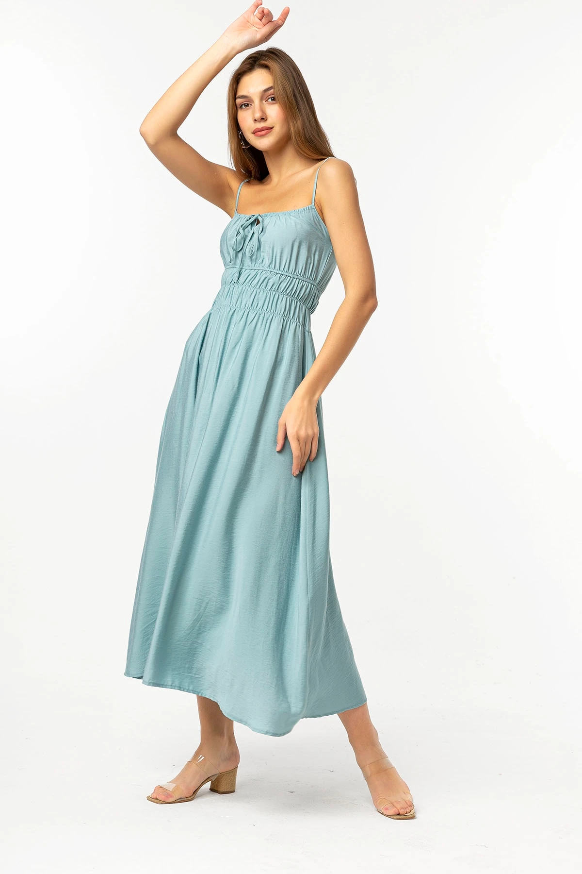 Beli Büzgülü Askılı Mavi Elbise