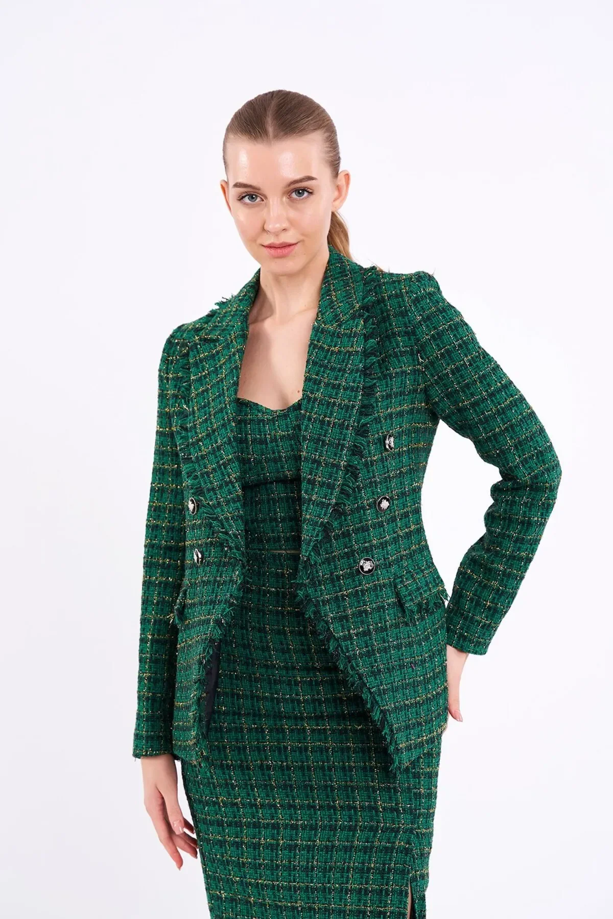 Ekose Simli Yeşil Blazer Ceket