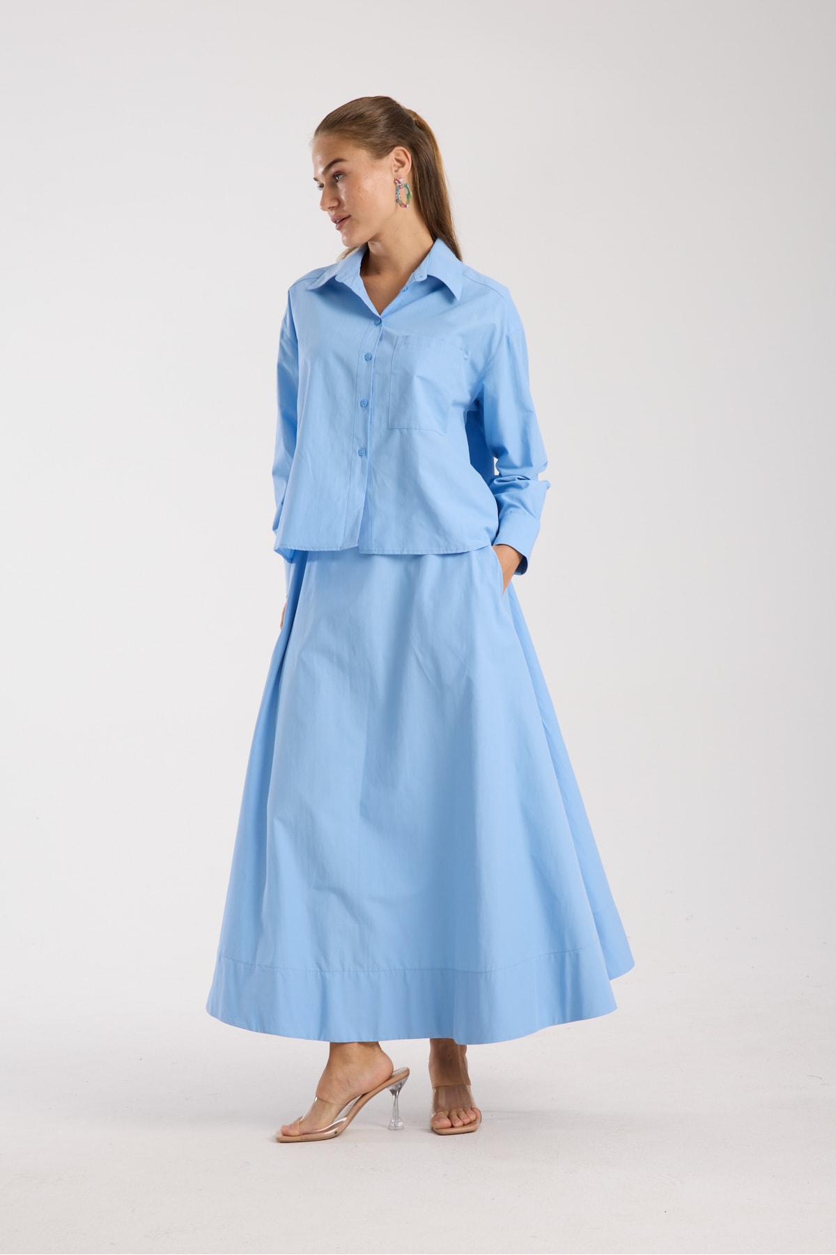 Poplin Kloş Etek ve Oversize Gömlek Ekru
