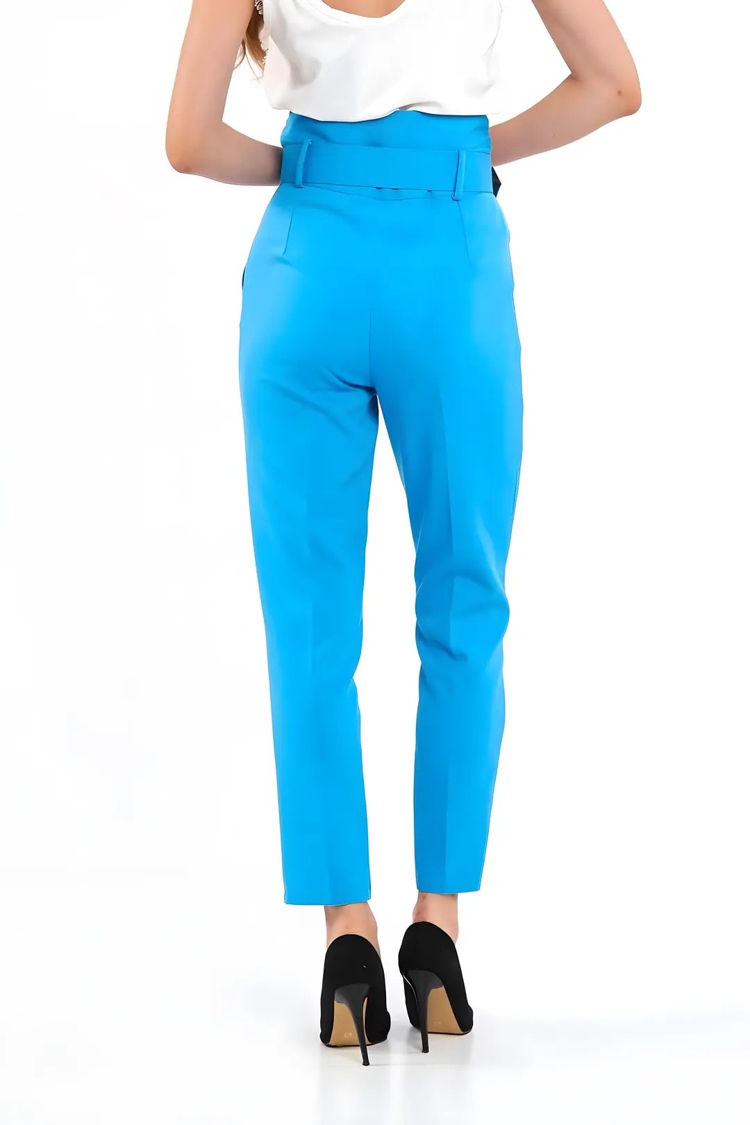 Klasik Yüksek Bel Kemerli Mavi Pantolon