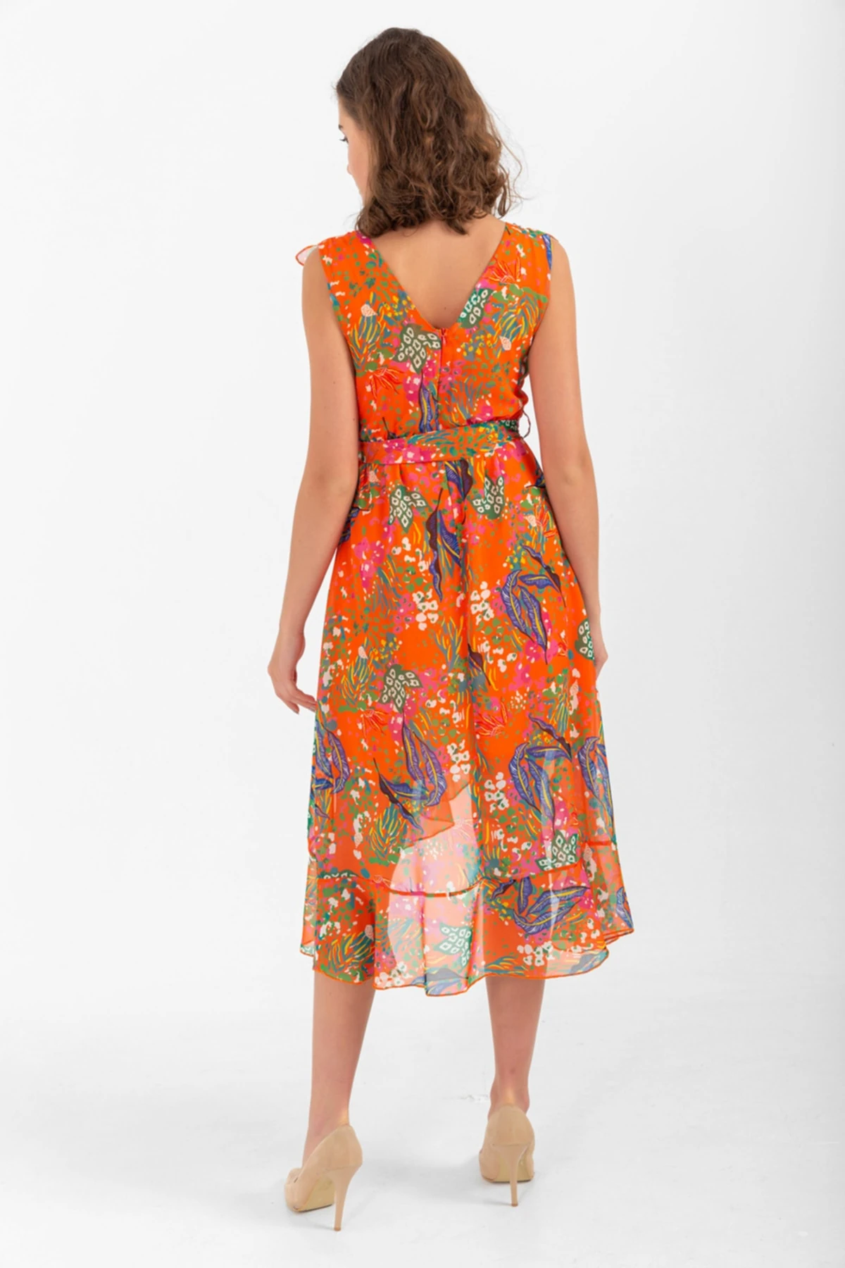 Desenli Kuşaklı Elbise