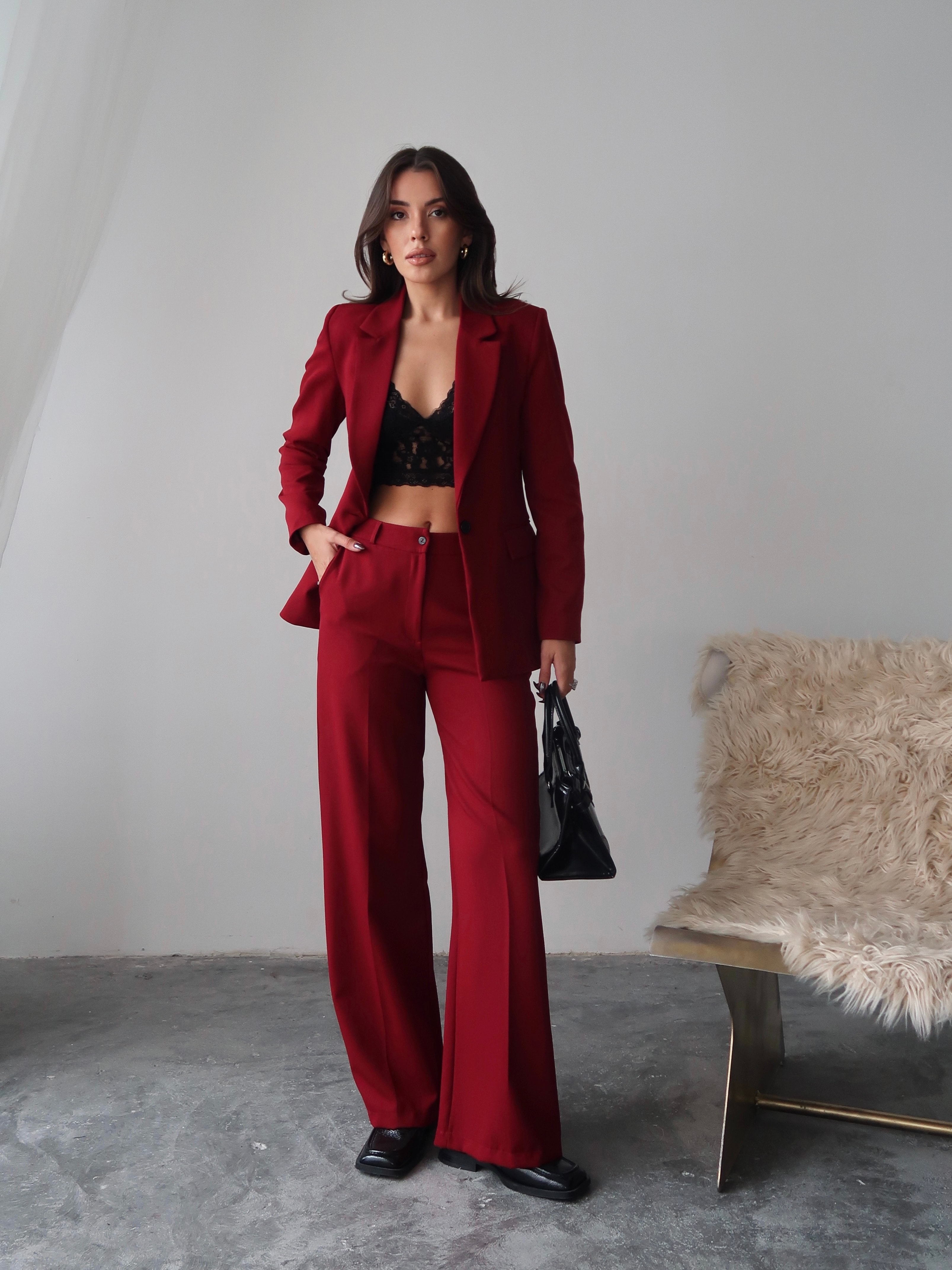 Bordo Düz Paça Klasik Blazer Ceket ve Kumaş Pantolon Takım