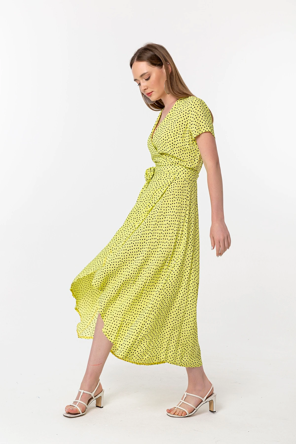 Kruvaze Yaka Sarı Elbise