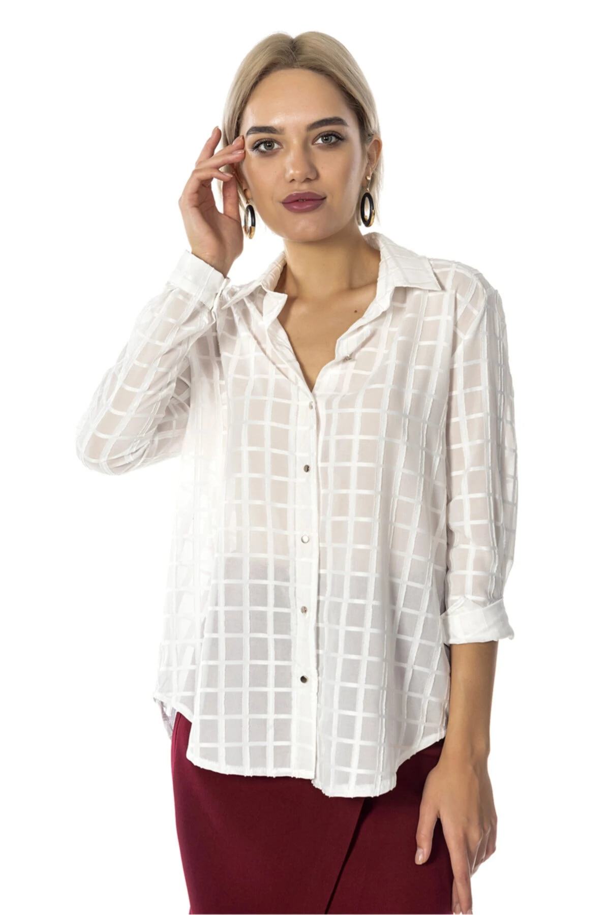 Kadın Ekru Kareli  Gömlek