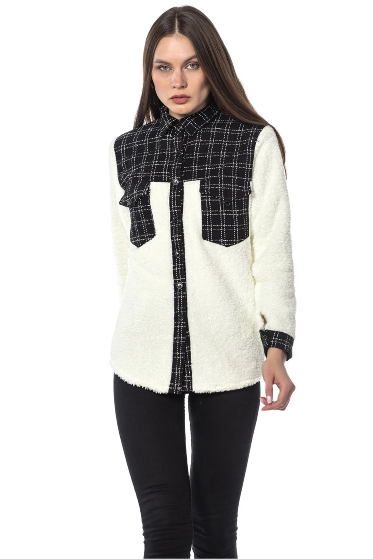 Beyaz Ekoseli Peluş Gömlek