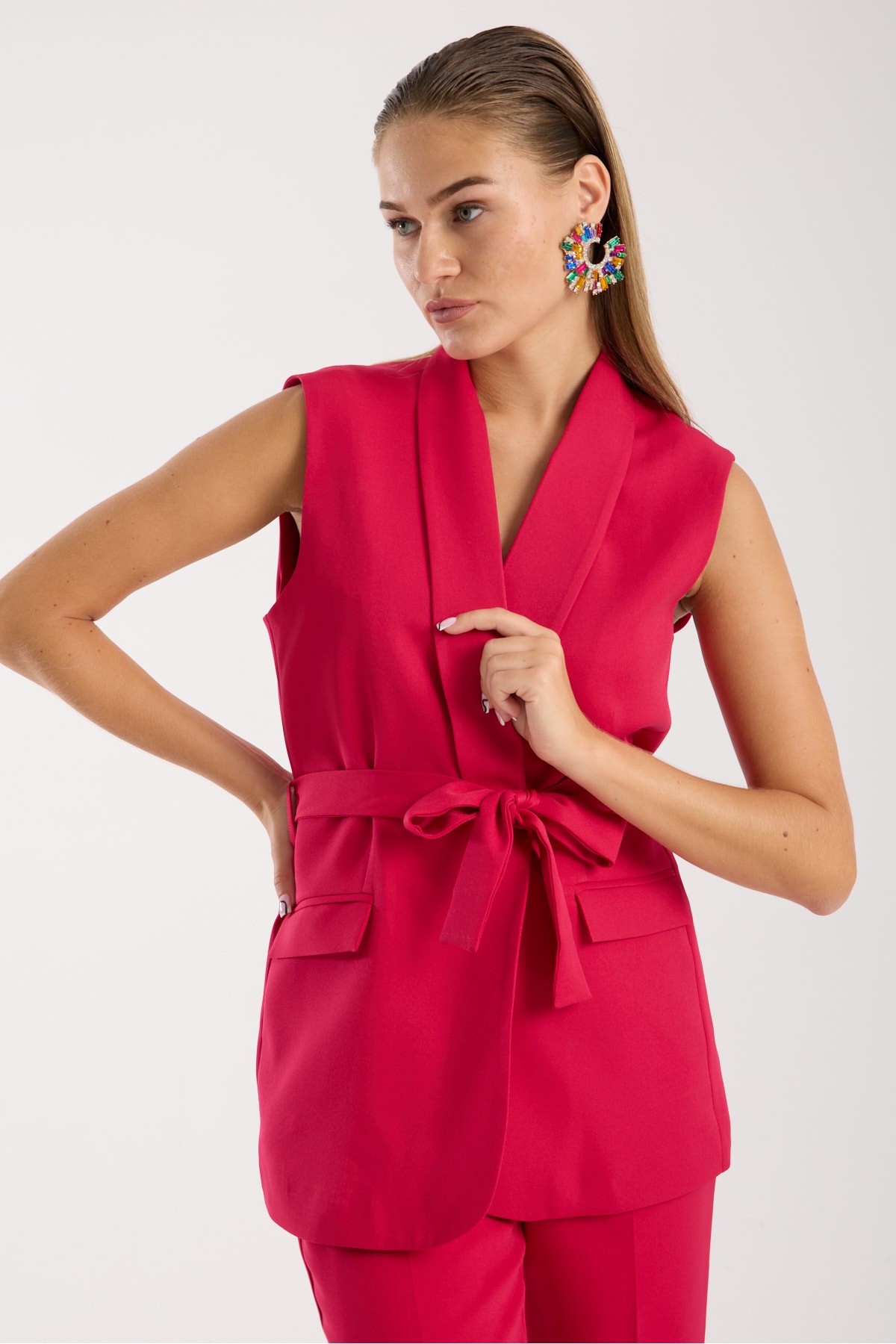 Violet Kuşaklı Yelek Ve Yüksek Bel Pantolon Takım