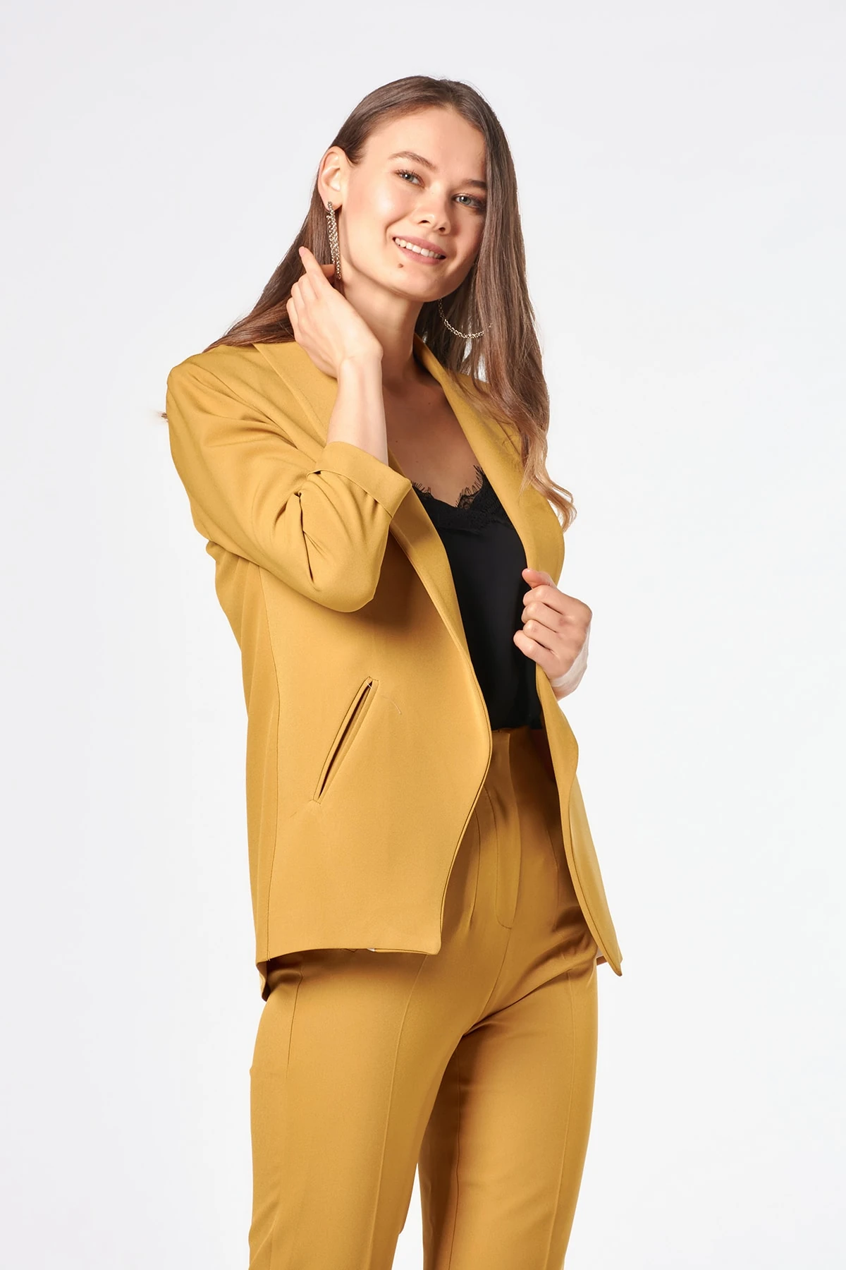 Cep Detaylı Hardal Kadın Blazer Ceket