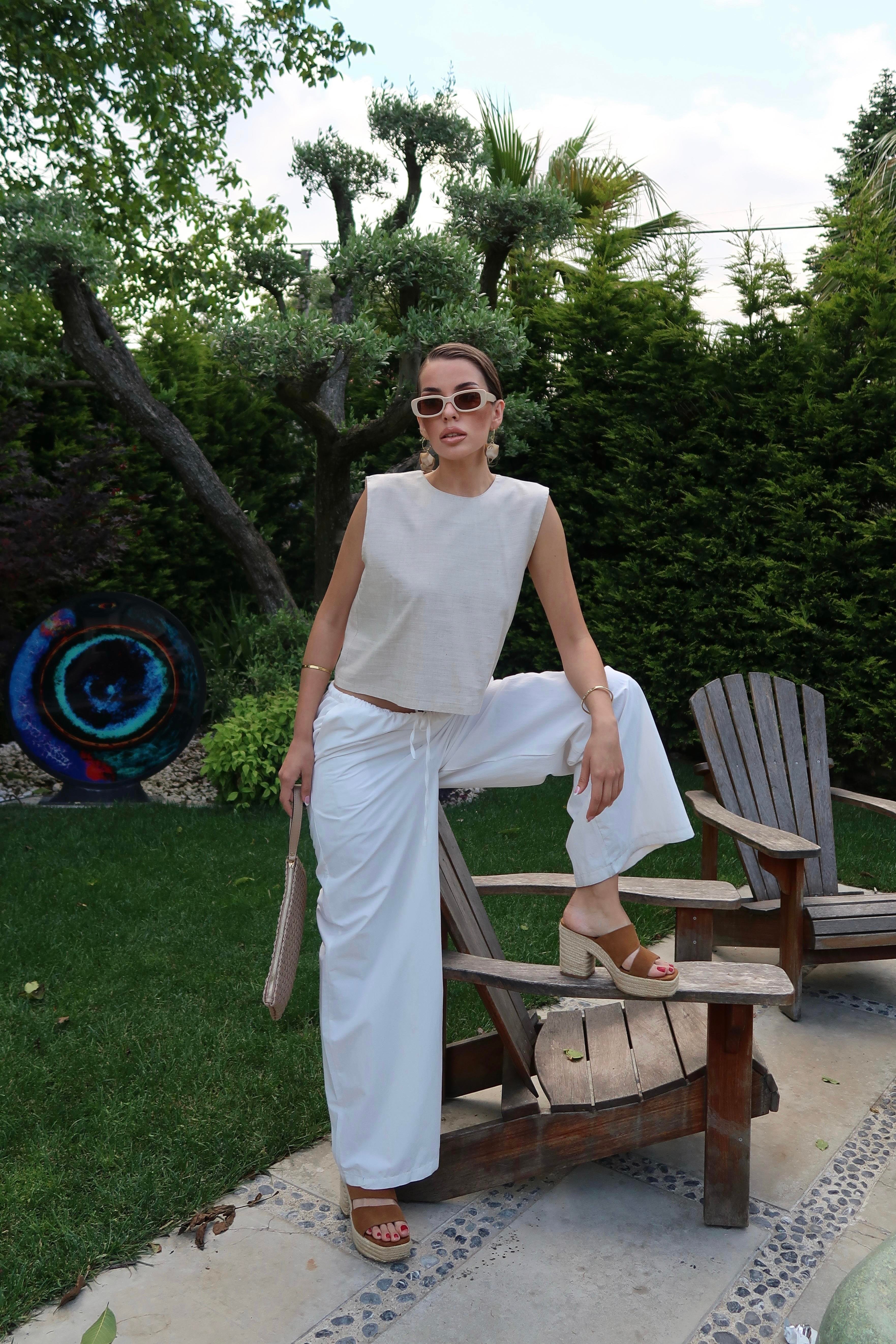 Palma Summer Amber Keten Pantolon Beyaz