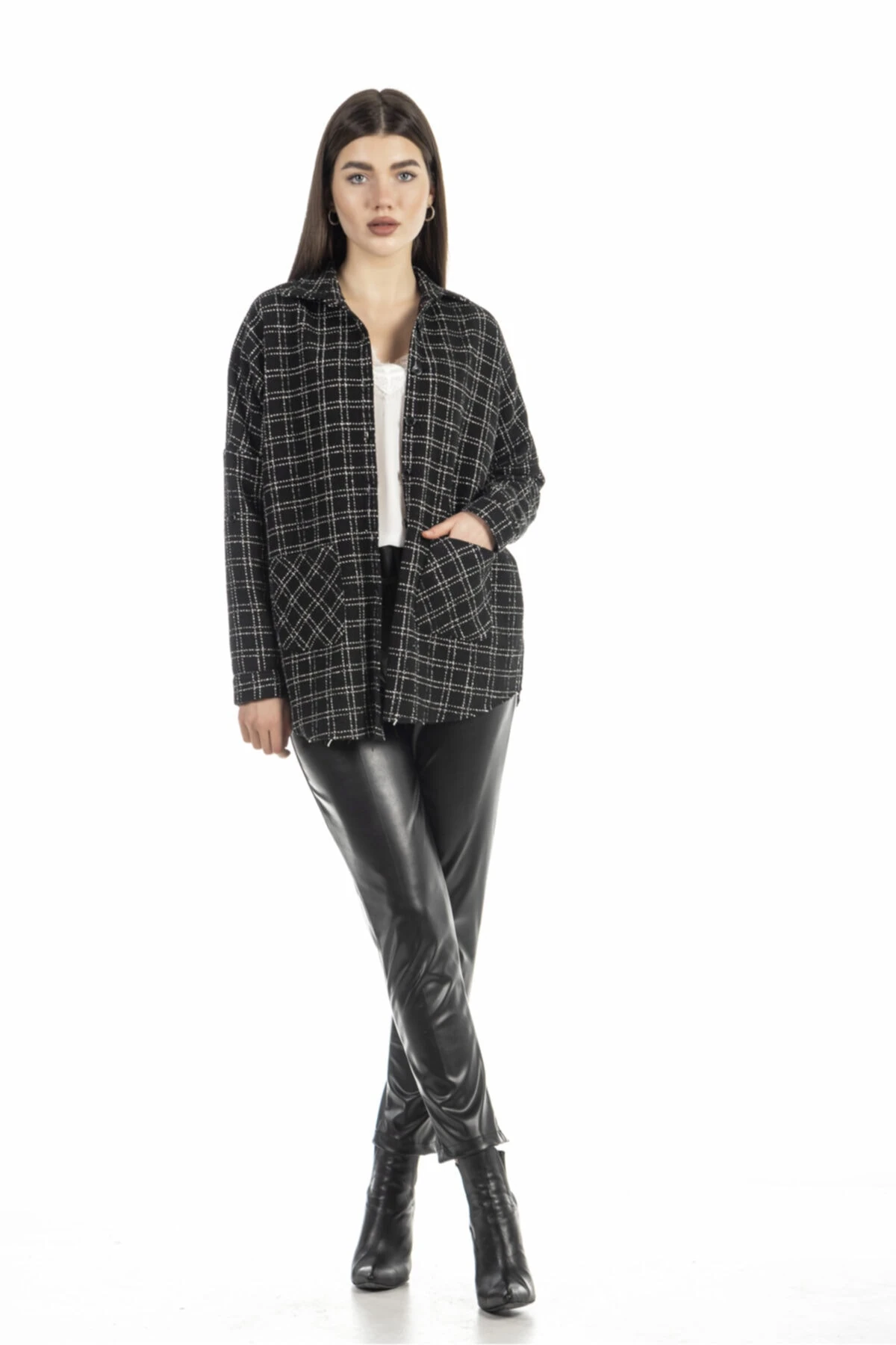 Ekose Siyah Kadın Gömlek Ceket