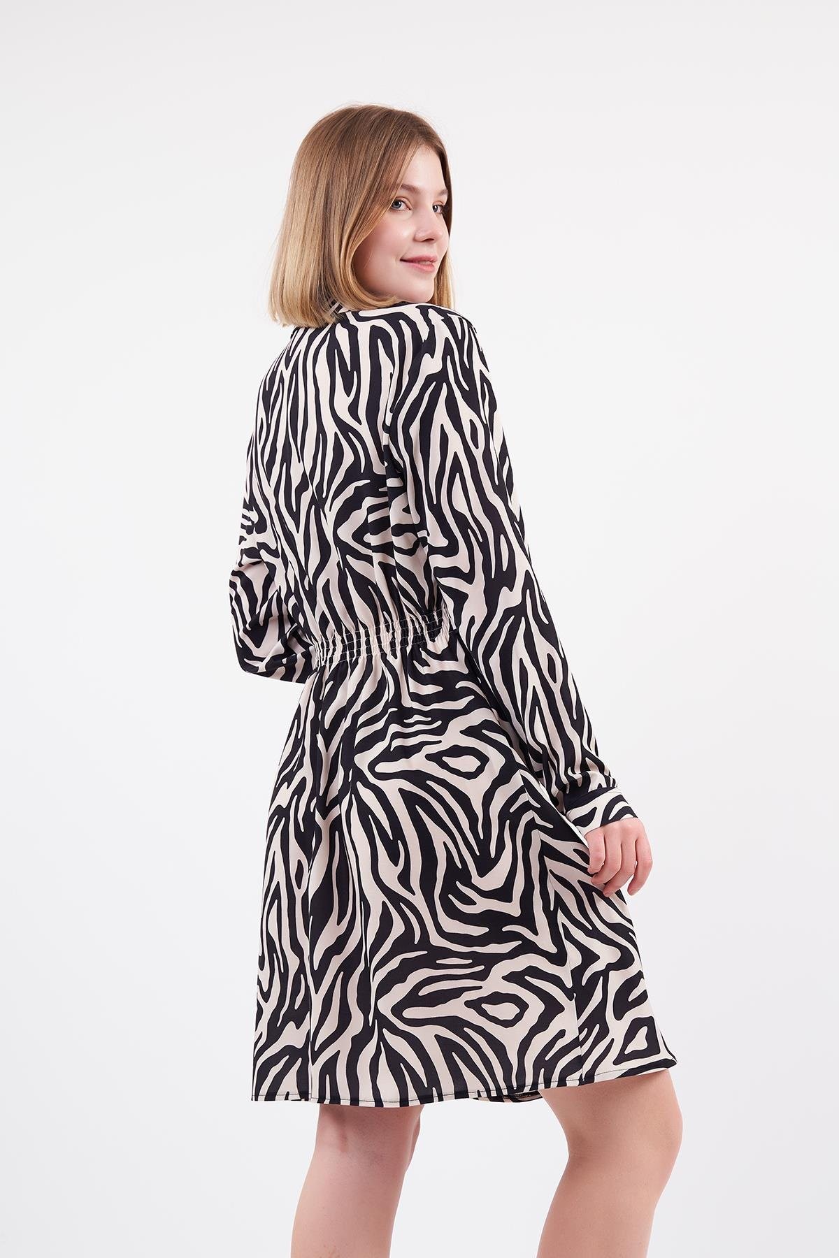 Zebra Desenli Mini Gömlek Elbise