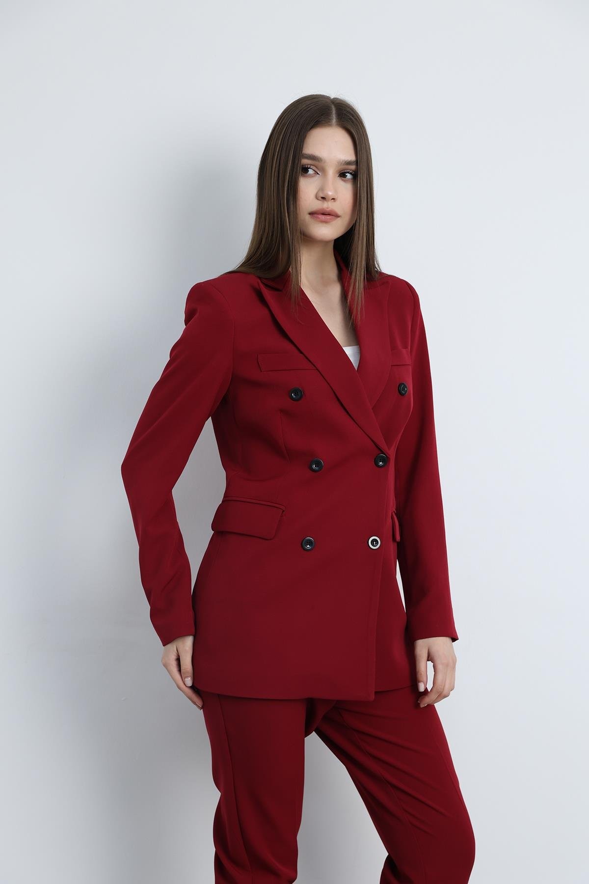 Aria Düğmeli Blazer Ceket Bordo