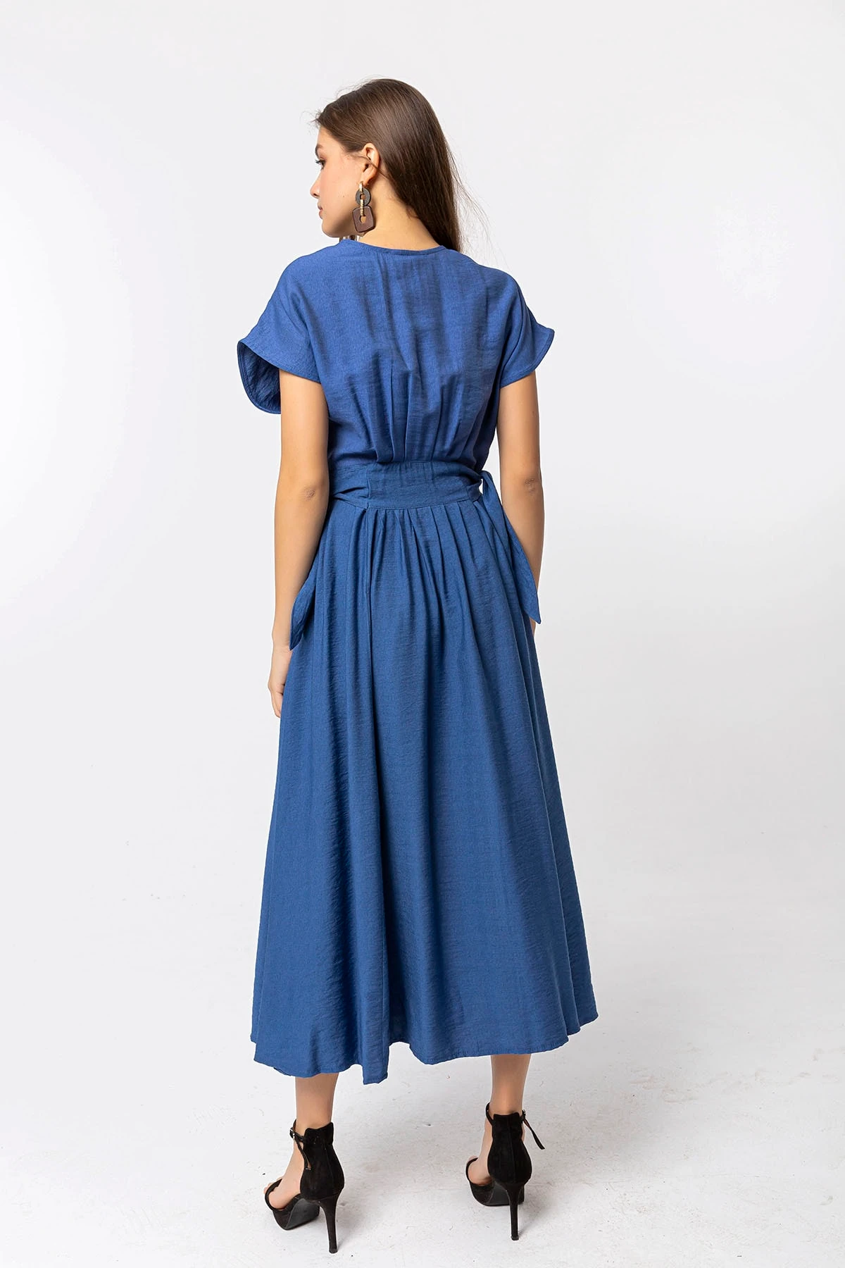 Düğmeli Midi Indigo Elbise