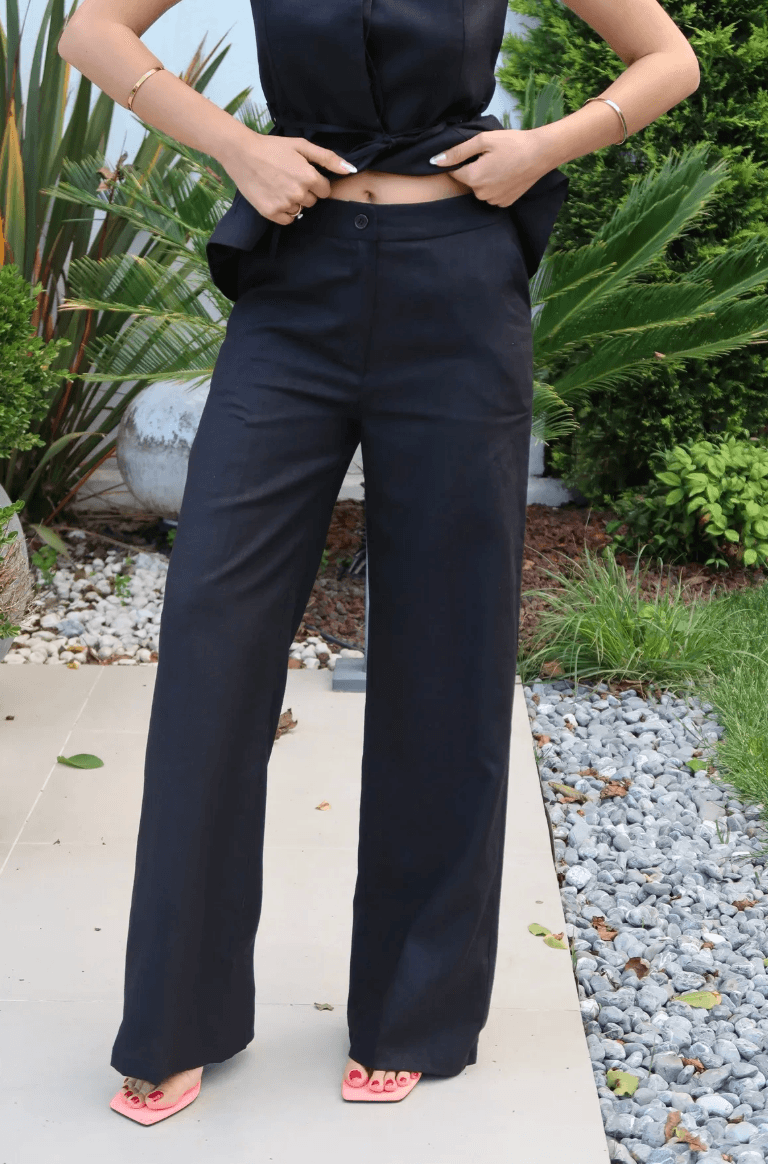 Palma Summer Amber Keten Pantolon Siyah
