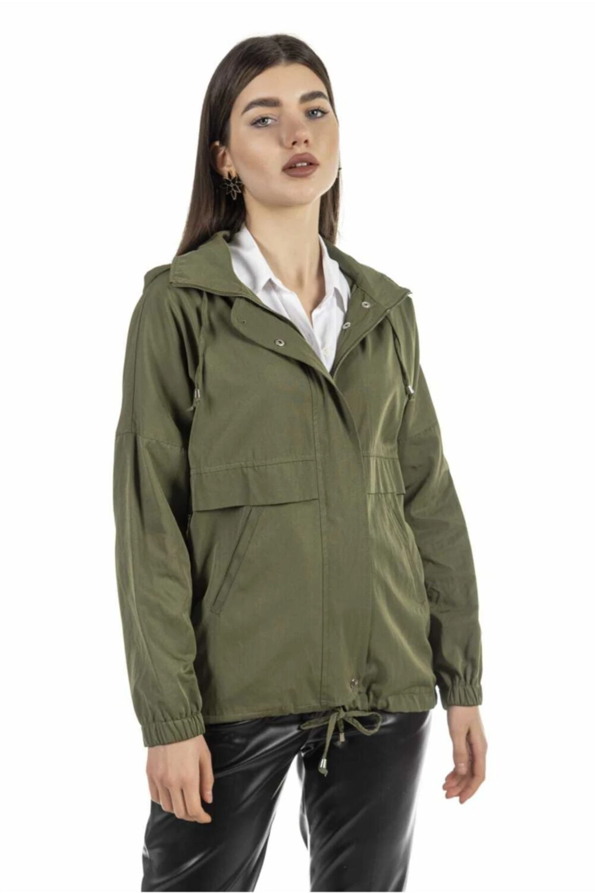 Kadın Haki Kapüşonlu Yağmurluk