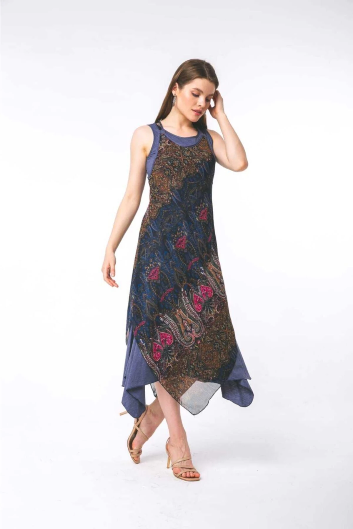 Etnik Desenli Ikili Asimetrik Elbise