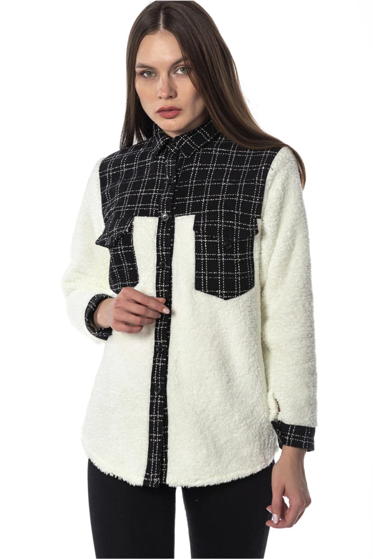 Beyaz Ekoseli Peluş Gömlek