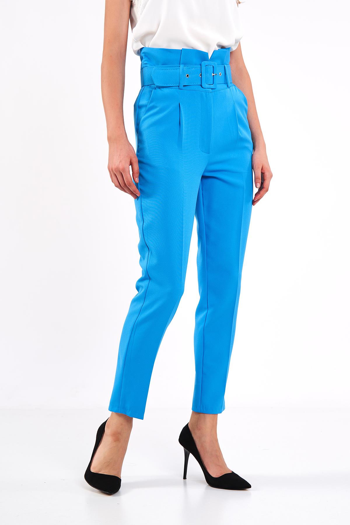 Klasik Yüksek Bel Kemerli Mavi Pantolon