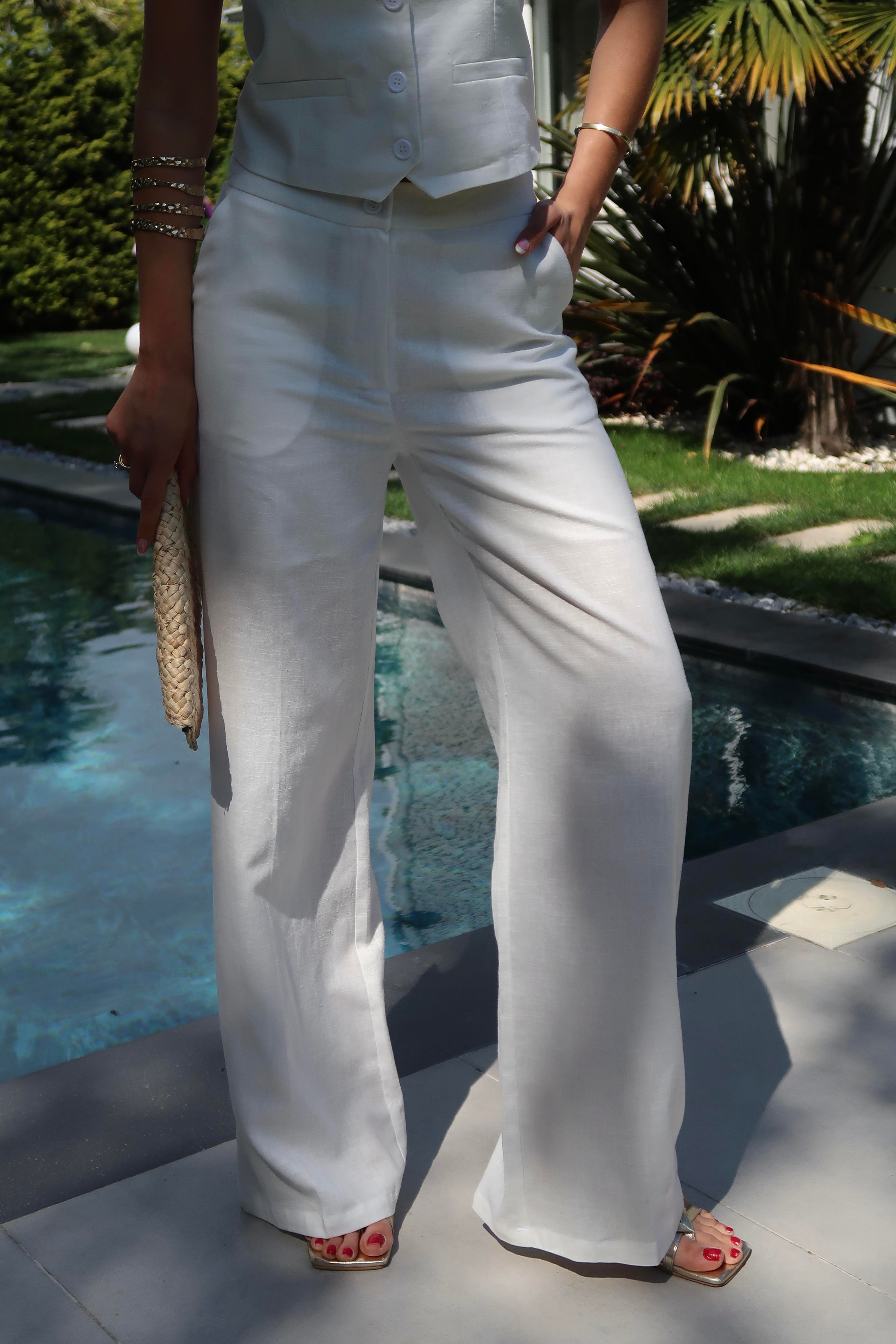 Palma Summer Amber Keten Pantolon Beyaz