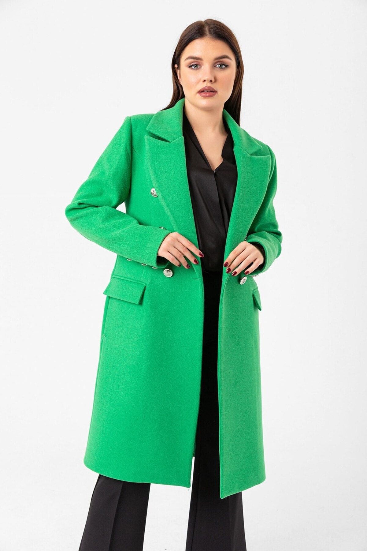 Düğmeli Kaşe Uzun Kaban