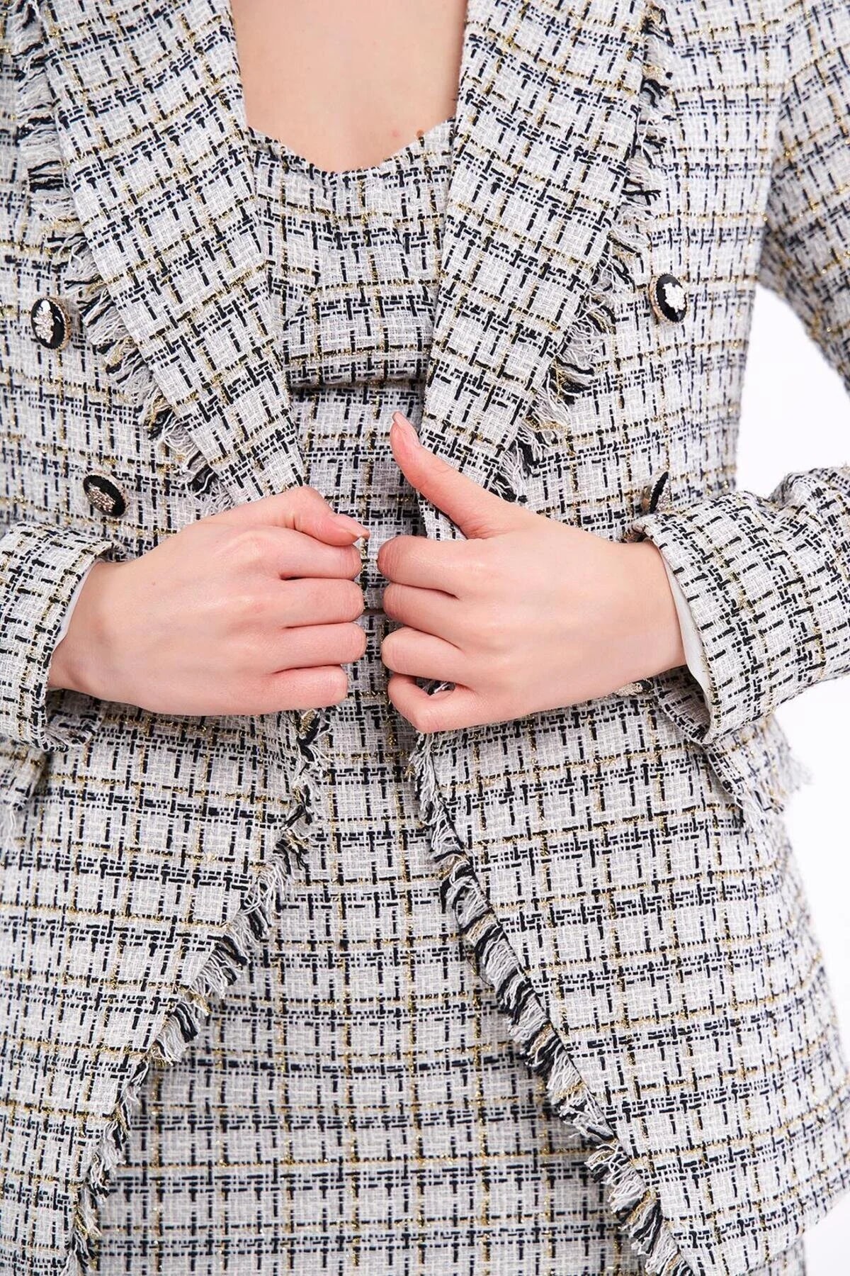 Ekose Simli Ekru Blazer Ceket