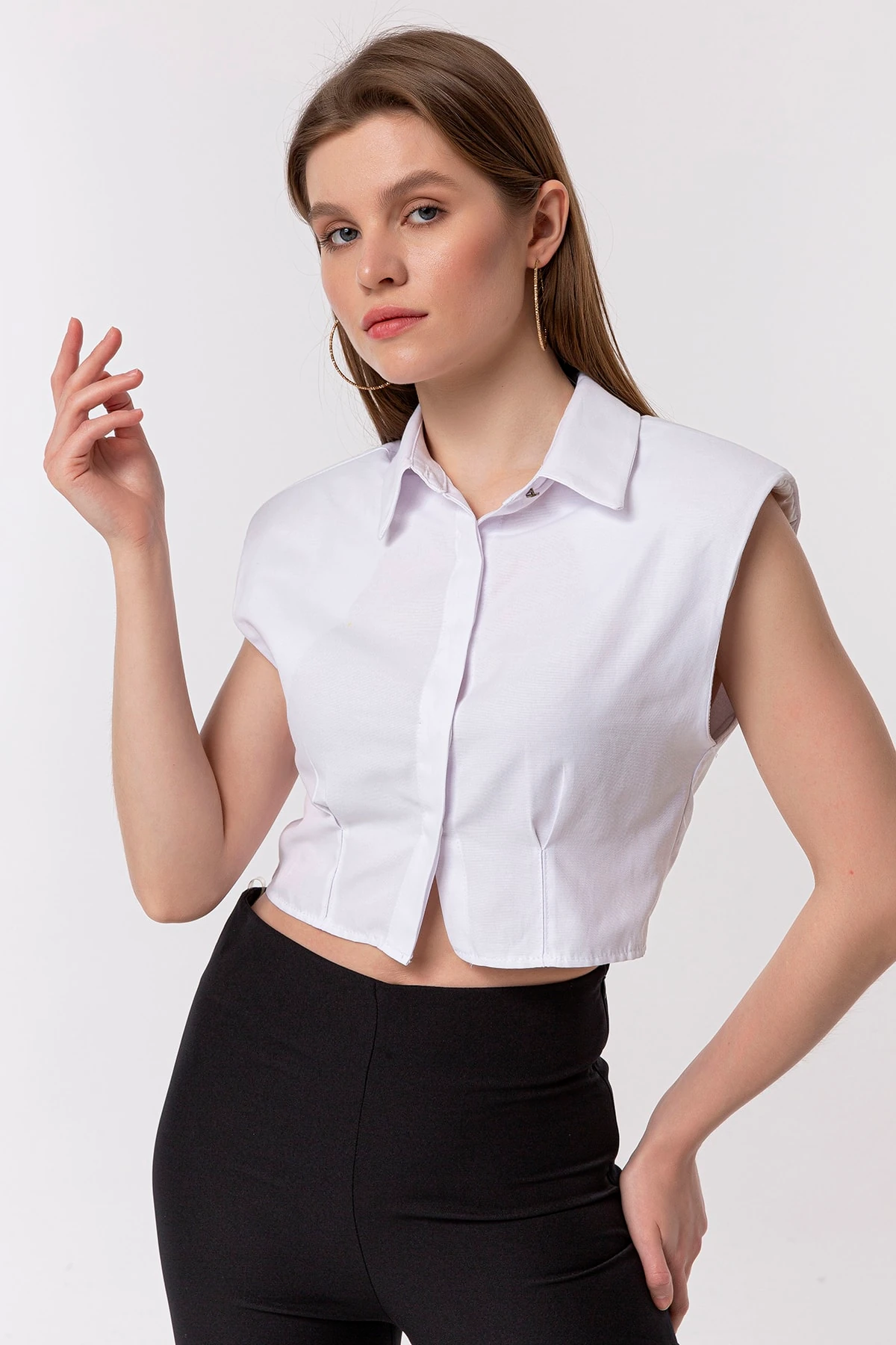 Beyaz Crop Kısa Kadın Gömlek