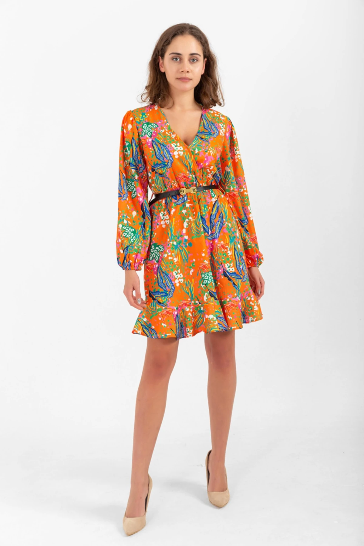 Desenli Kemerli Elbise