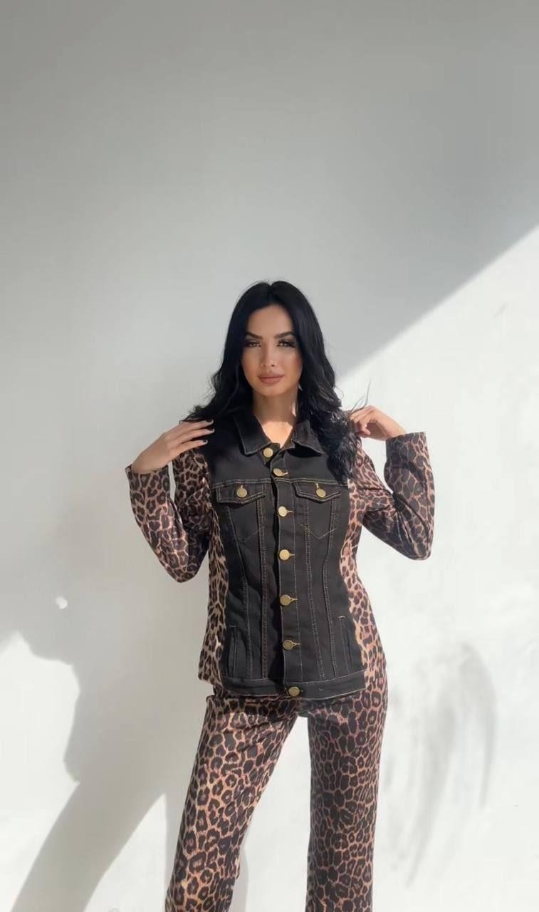 Leopar Detaylı Kot Ceket
