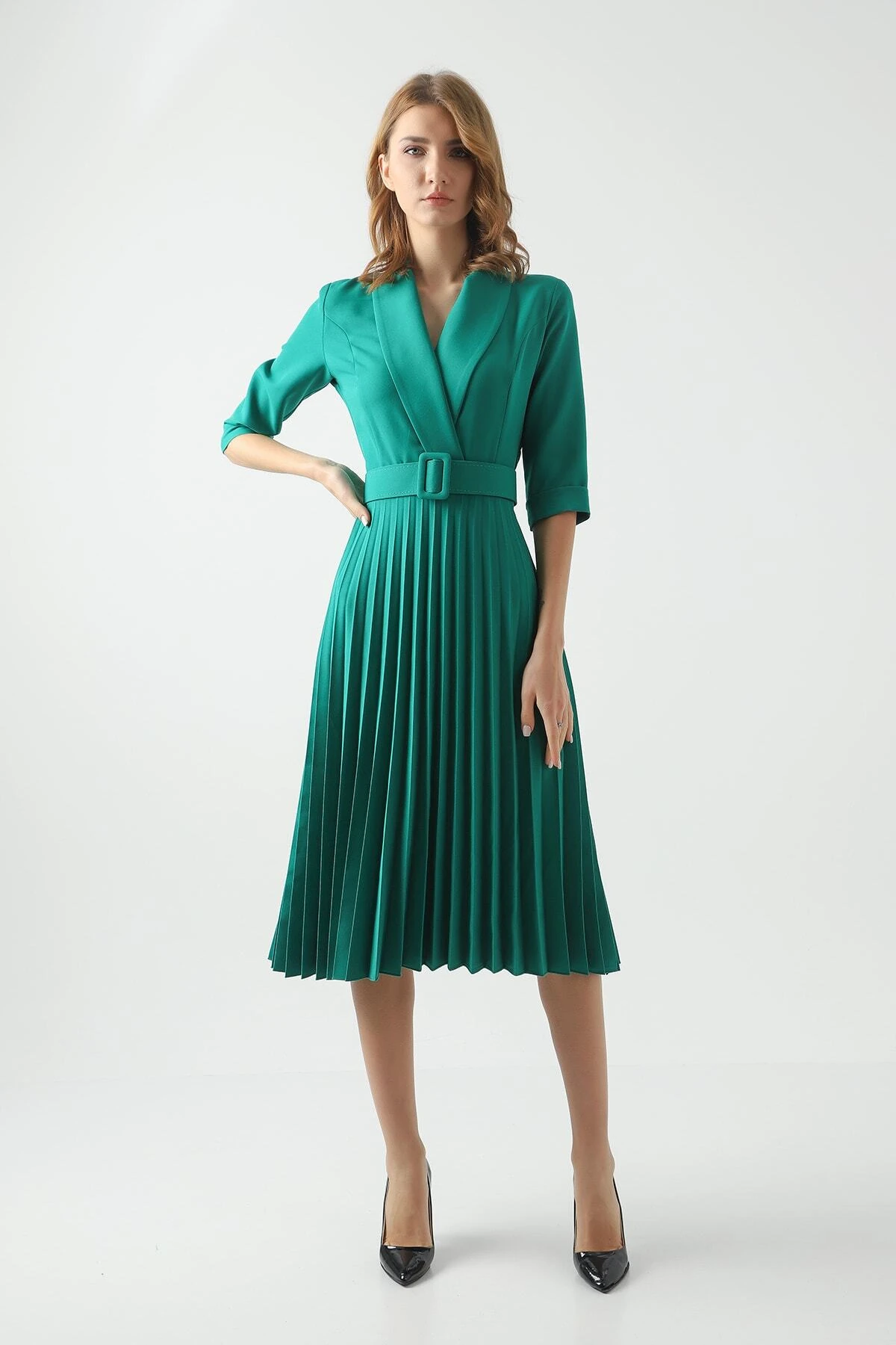 Kruvaze Yakalı Truvakar Kol Yeşil Kloş Elbise