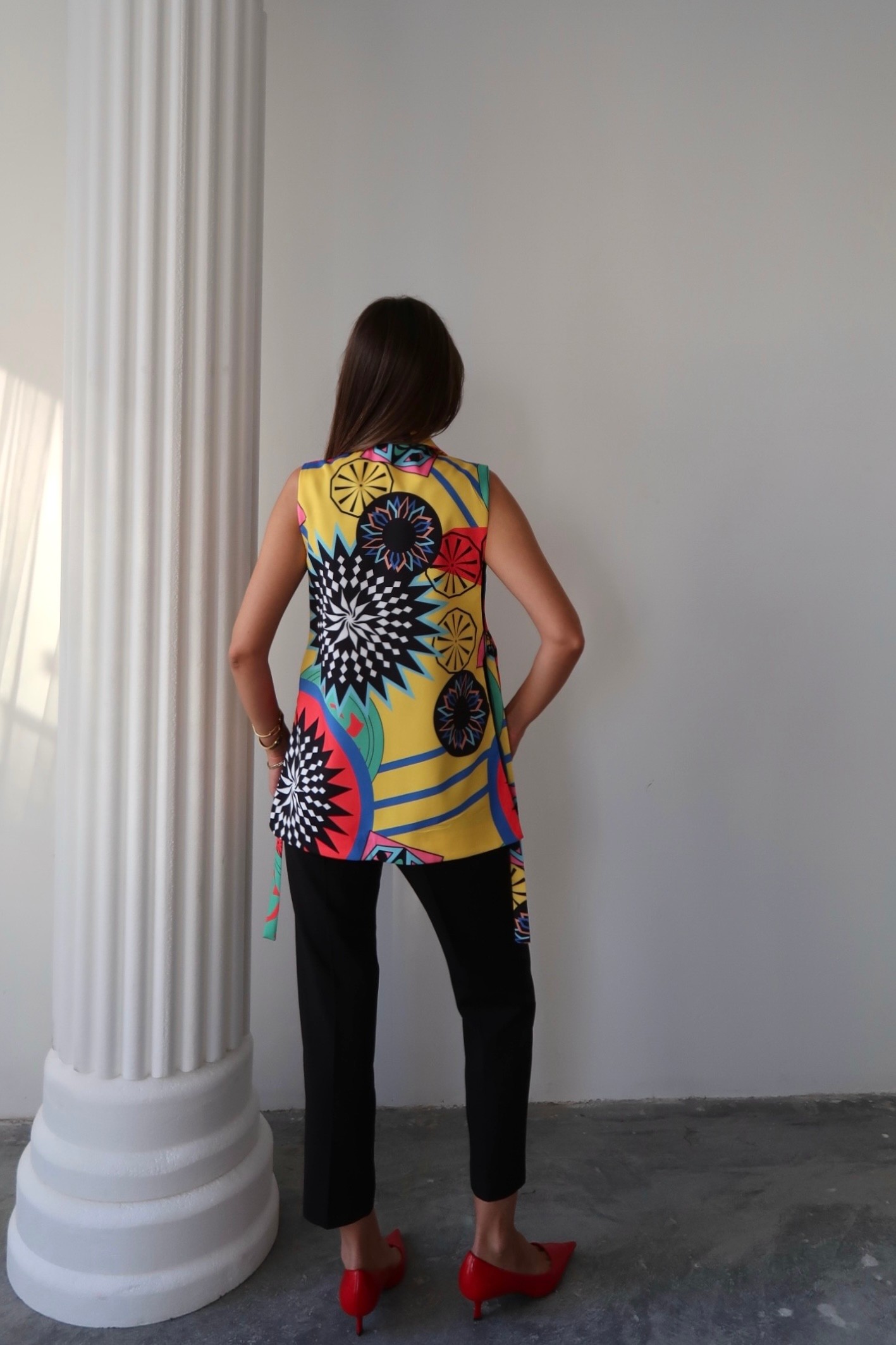 Sarı Etnik Desenli D Toka Detaylı Yelek ve Pantolon