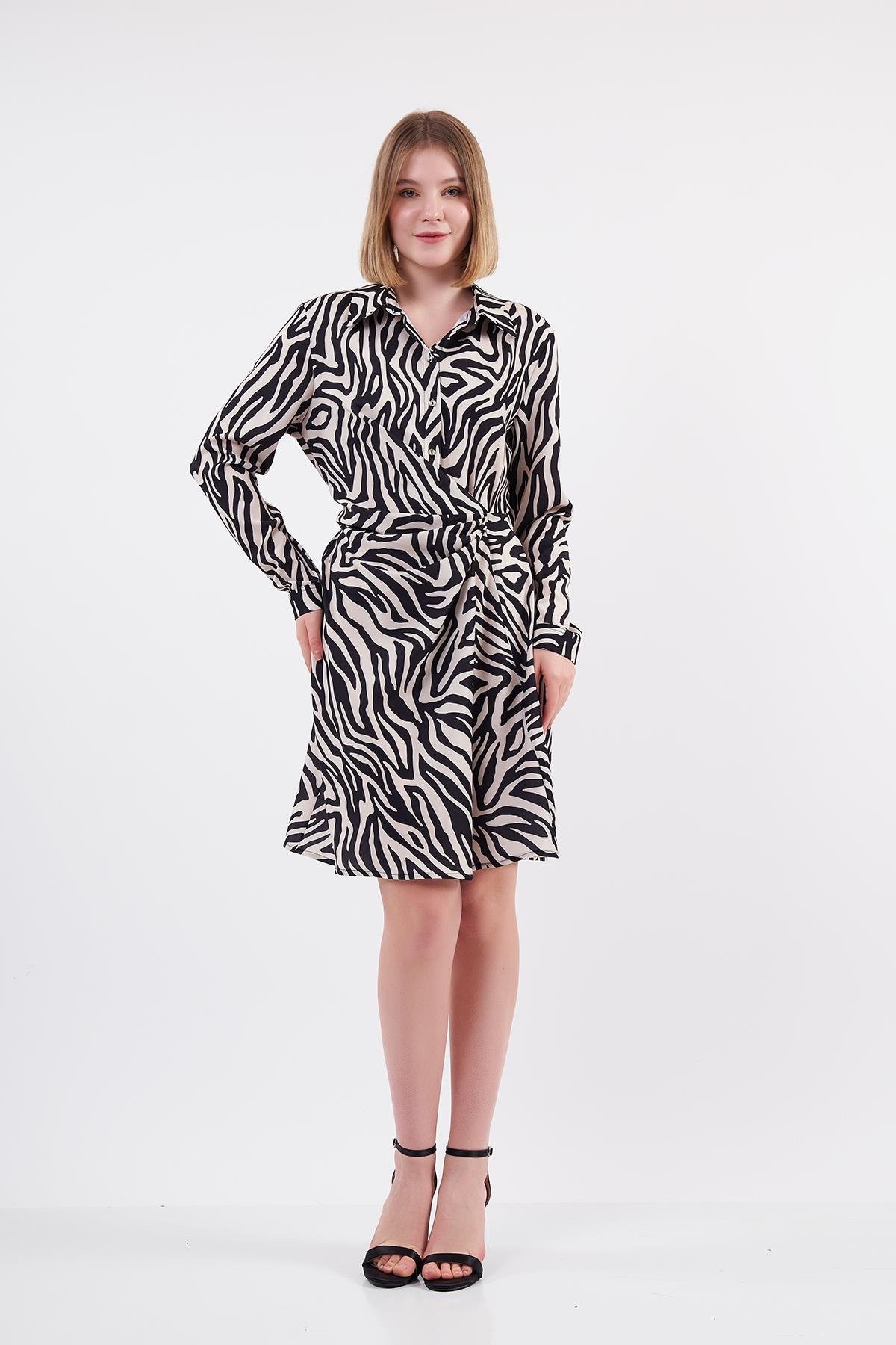 Zebra Desenli Mini Gömlek Elbise