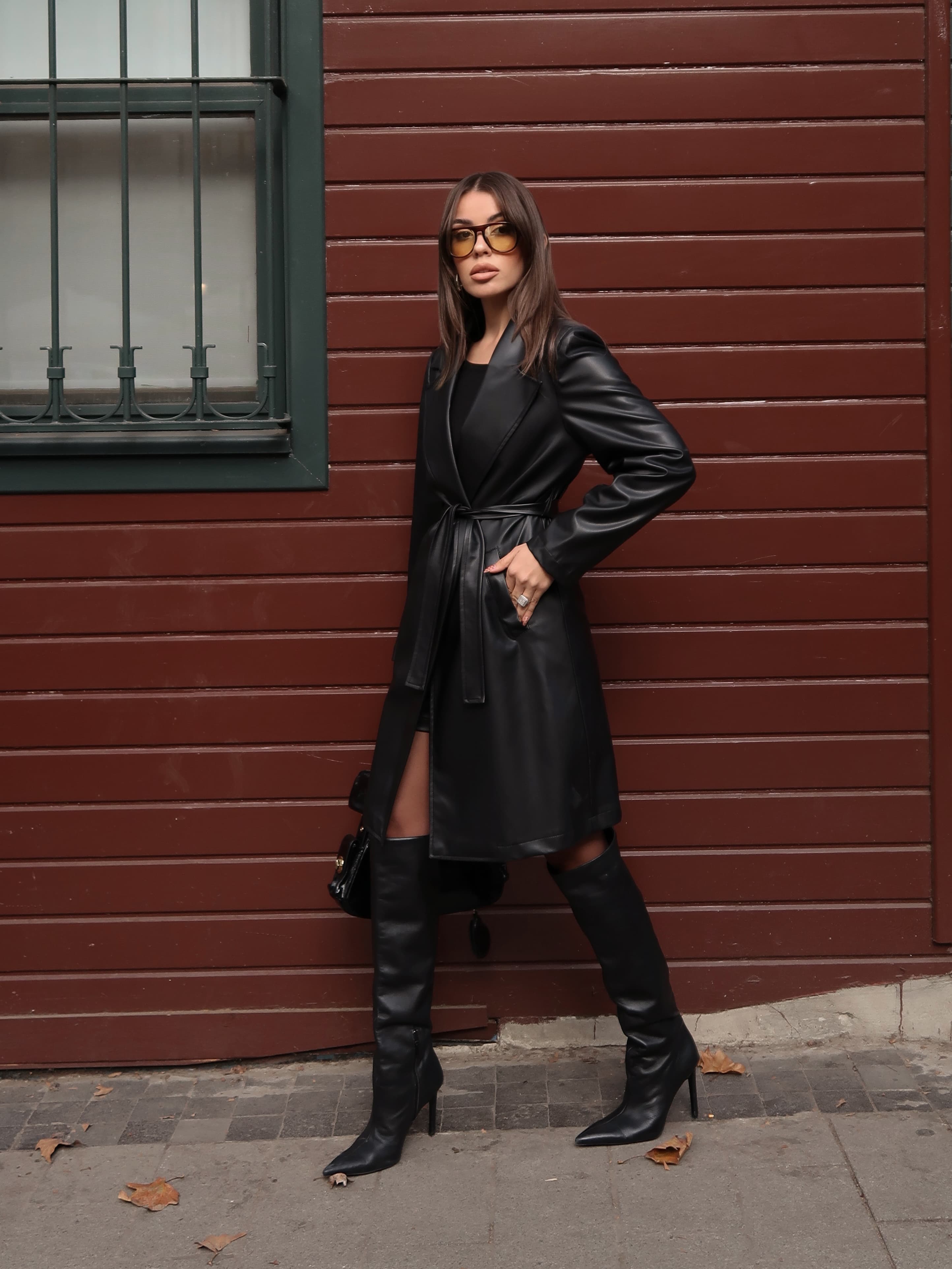 Deri trençkot Siyah