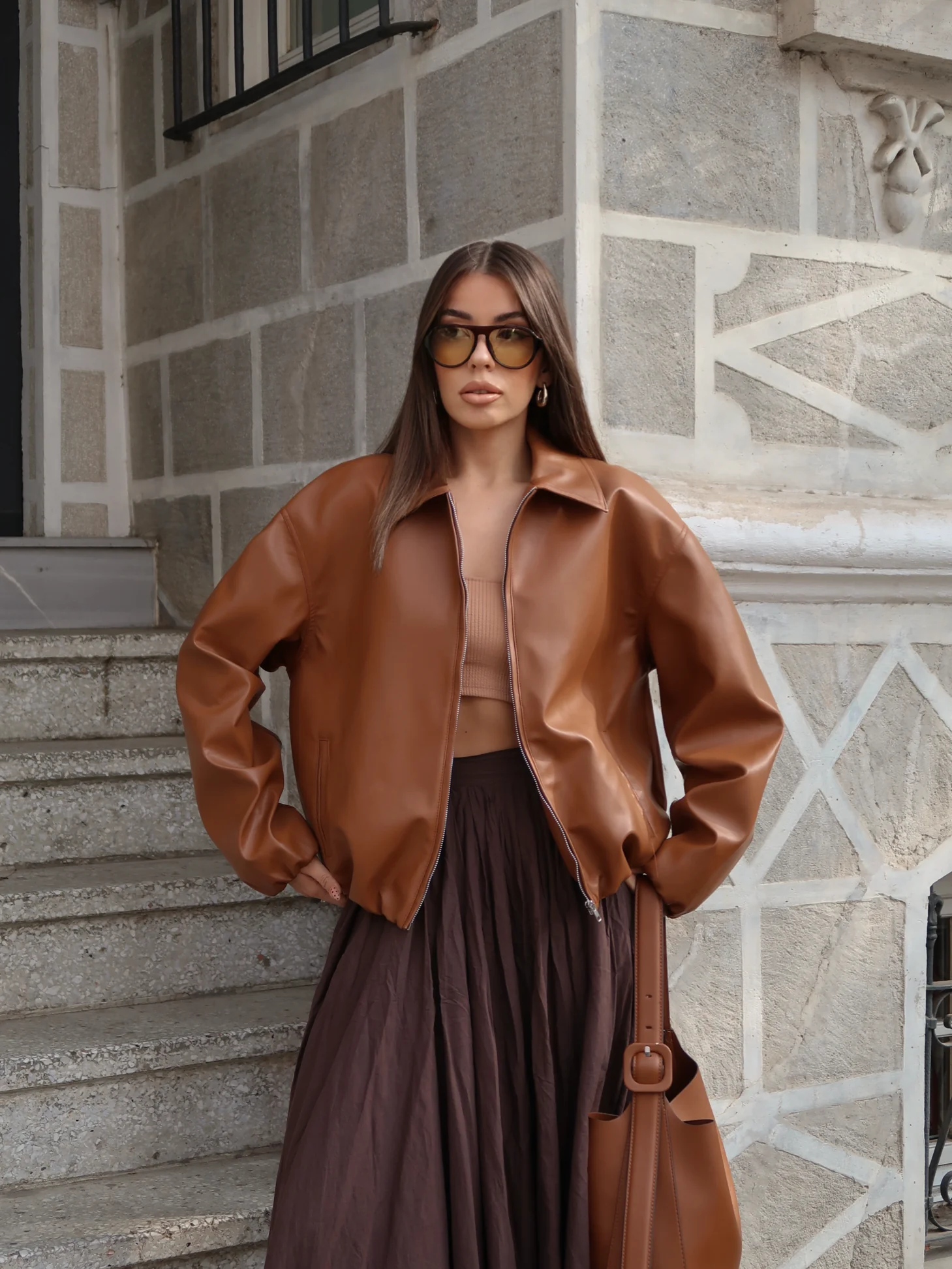 Betty Deri Fermuarlı Ceket Kahverengi