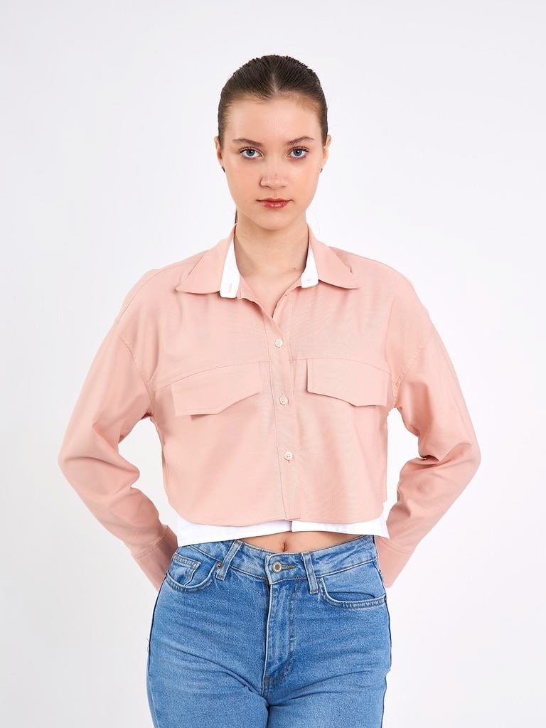 Crop Cepli Pembe Gömlek