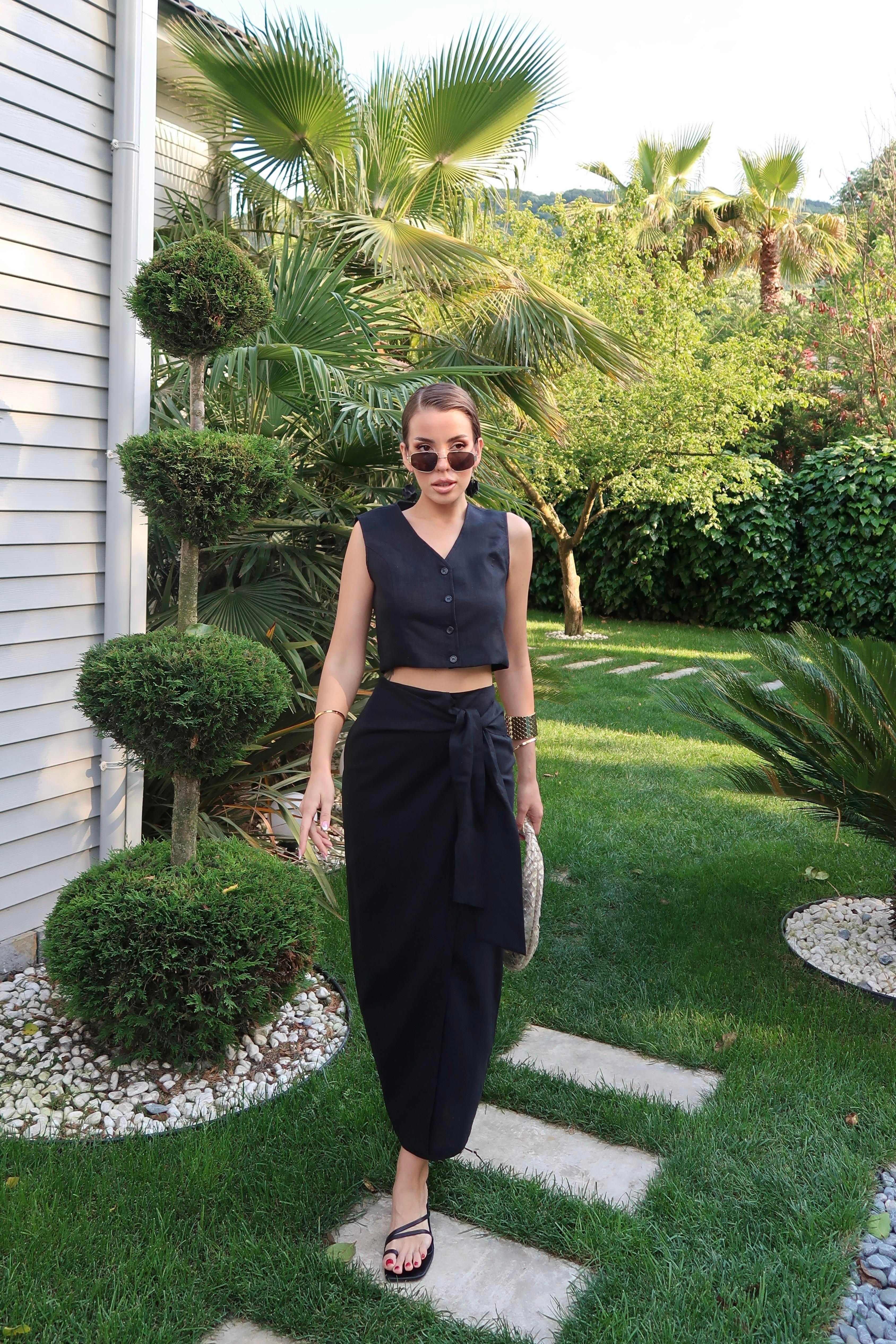 Palma Summer Holly Keten Anvelop Etek Siyah