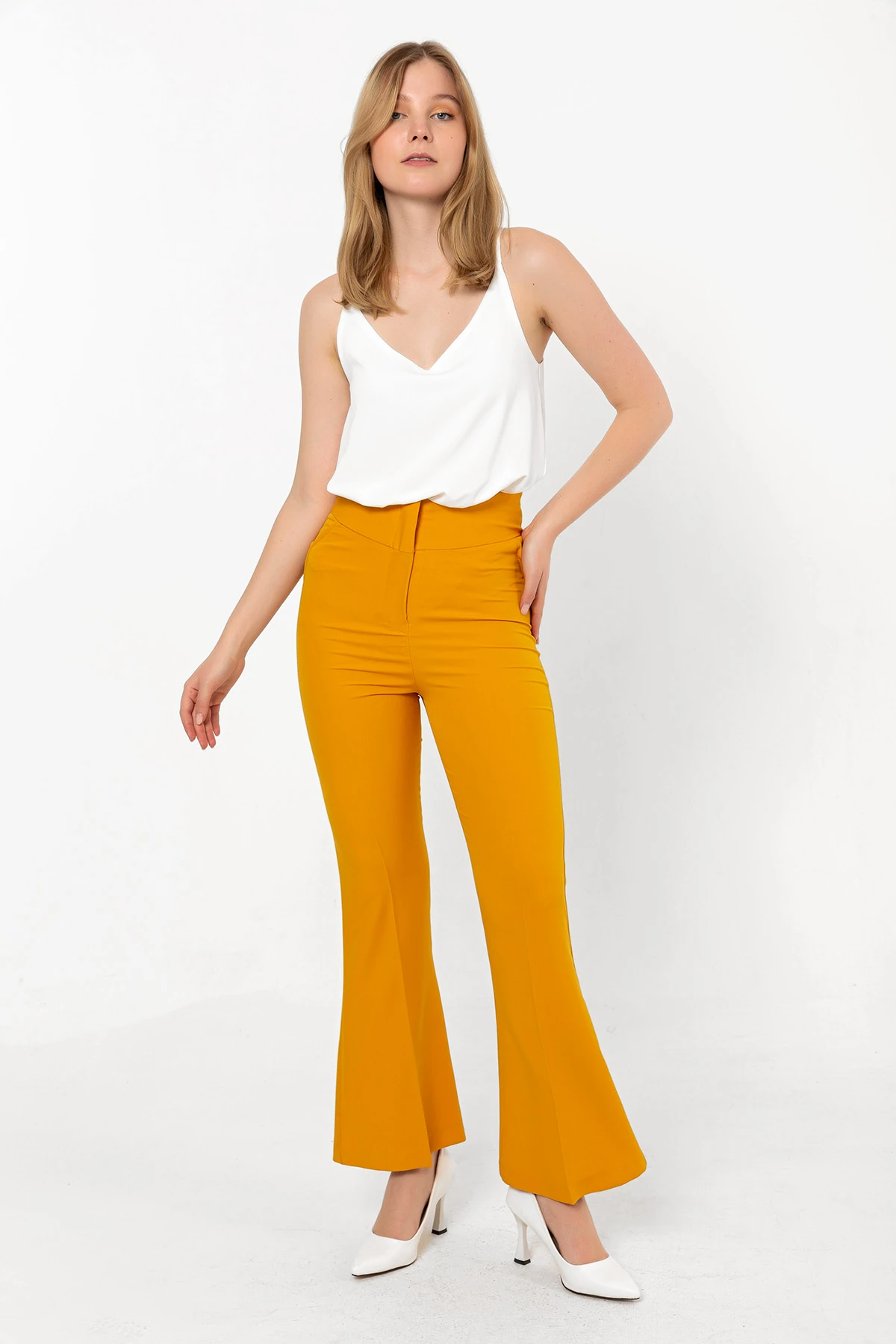 Yüksek Bel Sahte Cepli İspanyol Pantolon